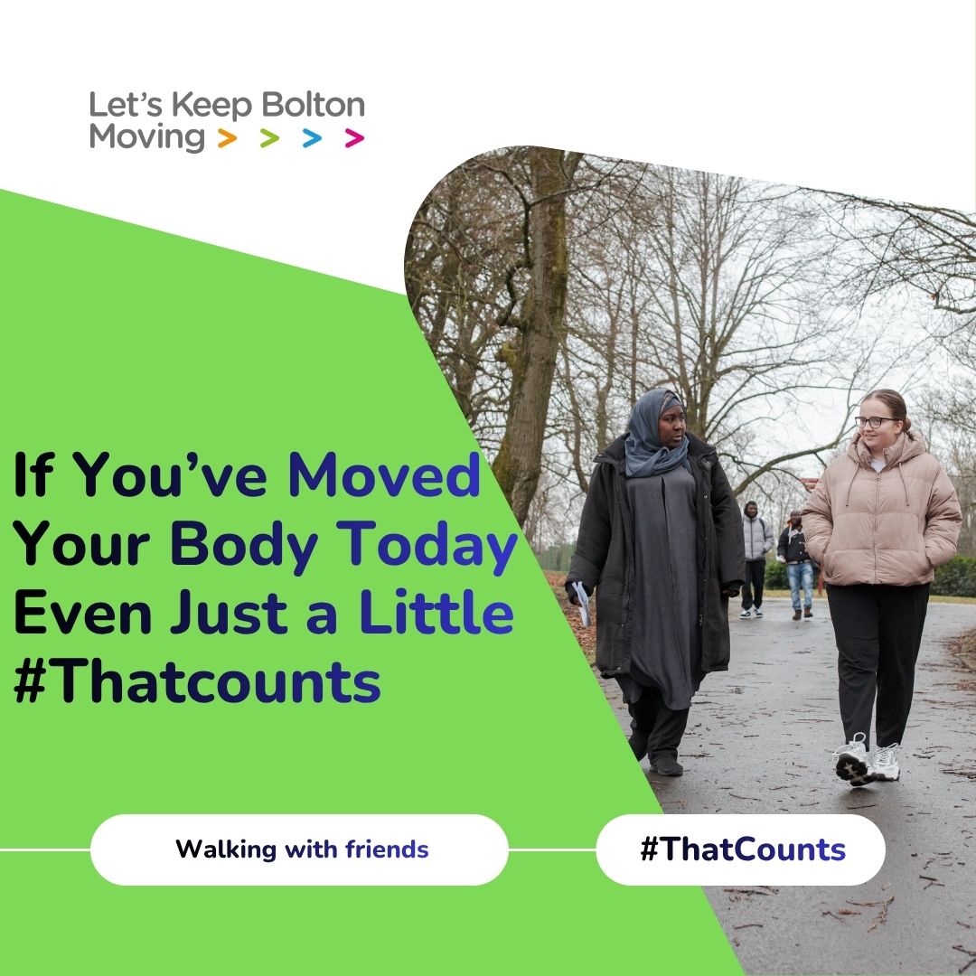 KeepBoltonMovin's tweet image. Let’s Keep Bolton Moving!
If you’ve moved your body today even just a little #ThatCounts.
A walk with friends? #ThatCounts too.
Every step supports your wellbeing.
letskeepboltonmoving.co.uk/active.php
#LetsKeepBoltonMoving