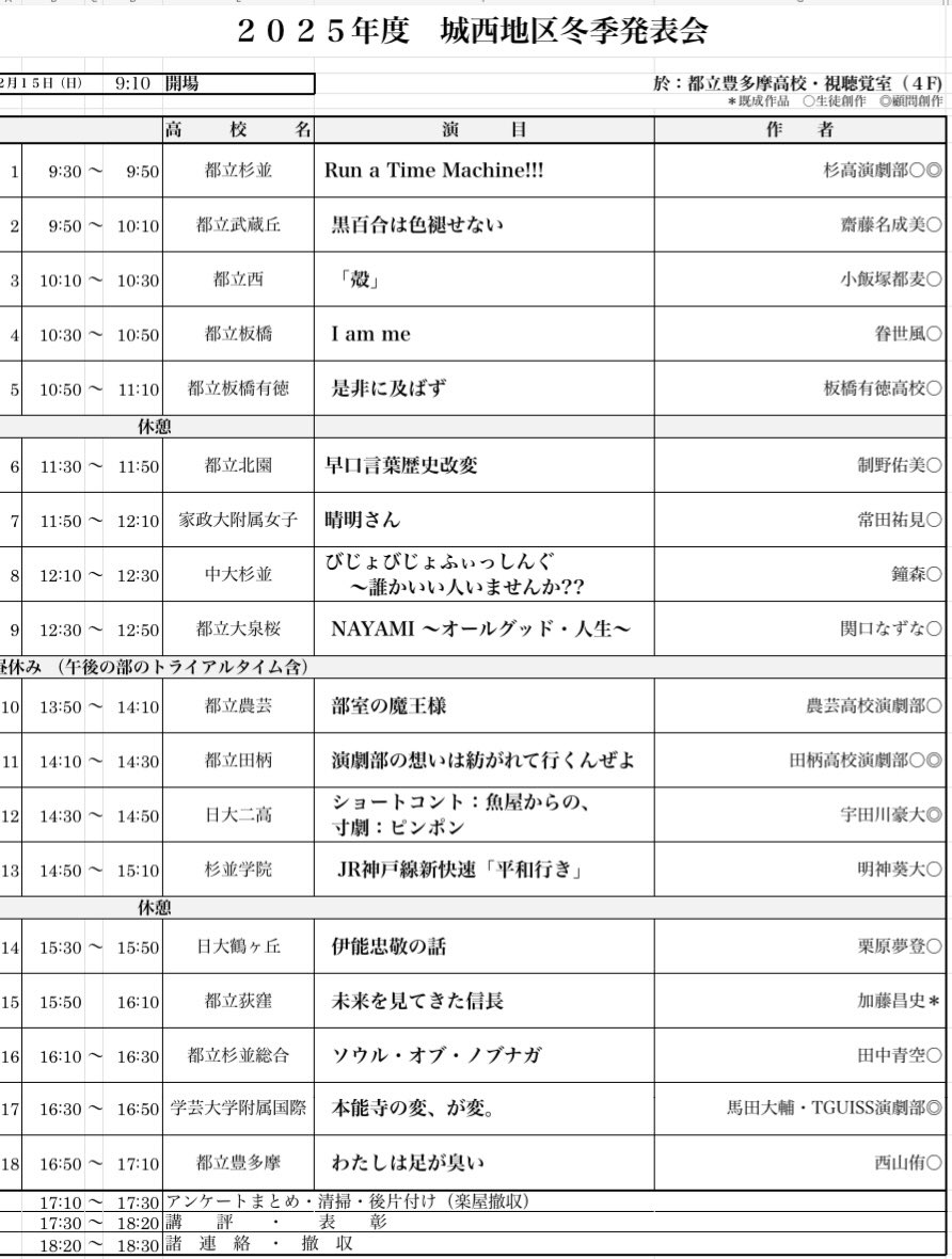 ☆第5回城西地区冬季発表会⛄️

プログラムを発表します‼️

日程◎令和8年2月15日(日)
会場◎都立豊多摩高校

掟⚔️
①劇中に必ず「歴史上の人物」(同姓同名不可)が登場する。
②暗転禁止。
③準備撤収含め20分以内。
④顧問の先生の出演可。
⑤自校以外の学校を全て観る。