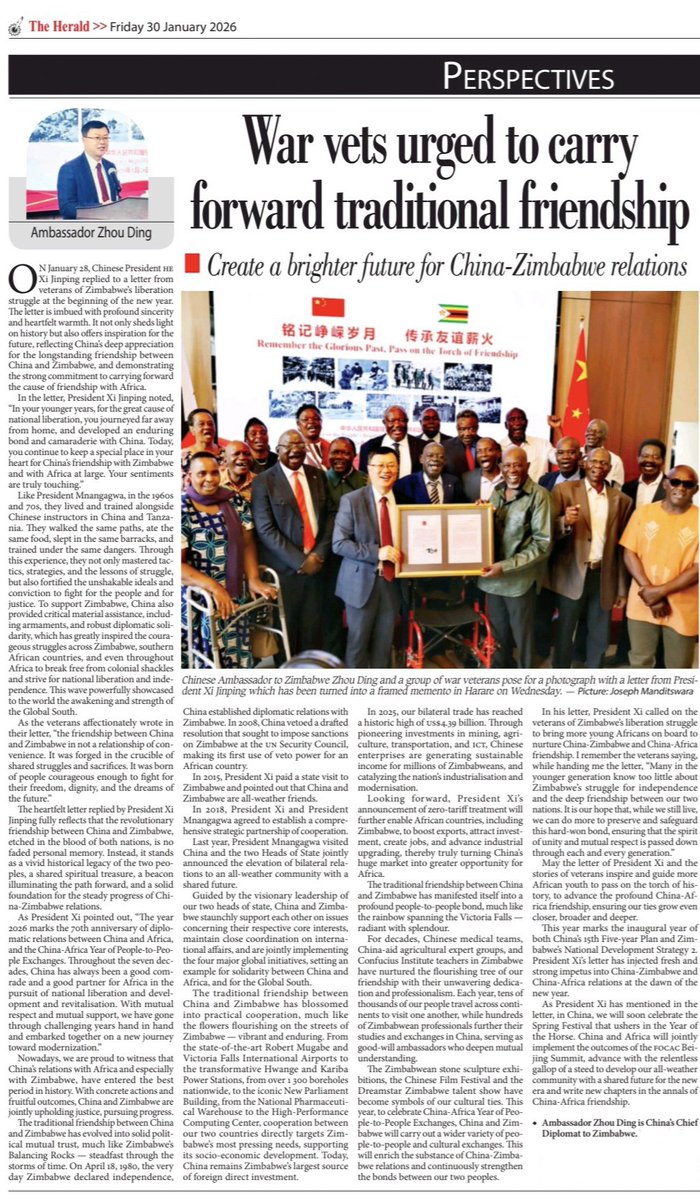 China_Amb_Zim's tweet image. Delighted to share my reflections on the reply letter from H.E. President Xi Jinping to the veterans of Zimbabwe’s liberation struggle, published today in @HeraldZimbabwe 📰🇿🇼

The revolutionary friendship between China and Zimbabwe stands as a cherished historical legacy, a…