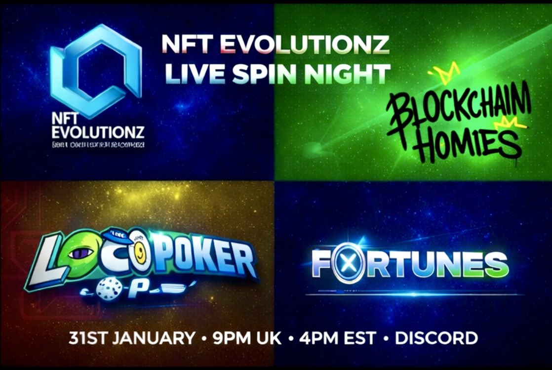 All happening tomorrow Saturday 31st January during the NFT Evolutionz live event

Core Homies mint on Coreum
Fortunes Plinko launch
Live spins and prizes 
Poker Freeroll access for all attending 

Join us : discord.gg/nfte