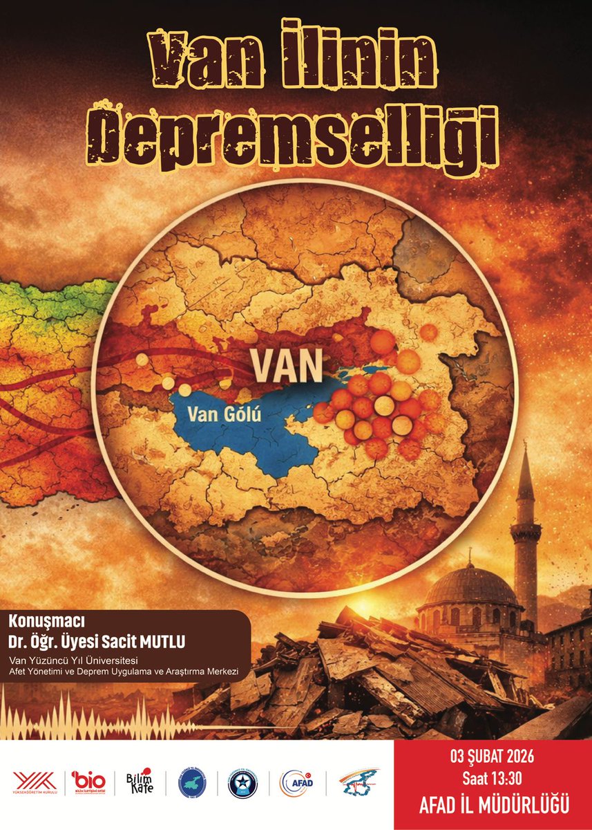 🌍 Van İlinin Depremselliği

Van ve çevresinin deprem riski, fay hatları, geçmiş depremler ve afet farkındalığı konularının ele alınacağı bu önemli etkinliğe tüm akademisyenlerimiz, öğrencilerimiz ve ilgililer davetlidir.

📅 03 Şubat 2026
⏰ 13.30
📍 AFAD İl Müdürlüğü

Deprem