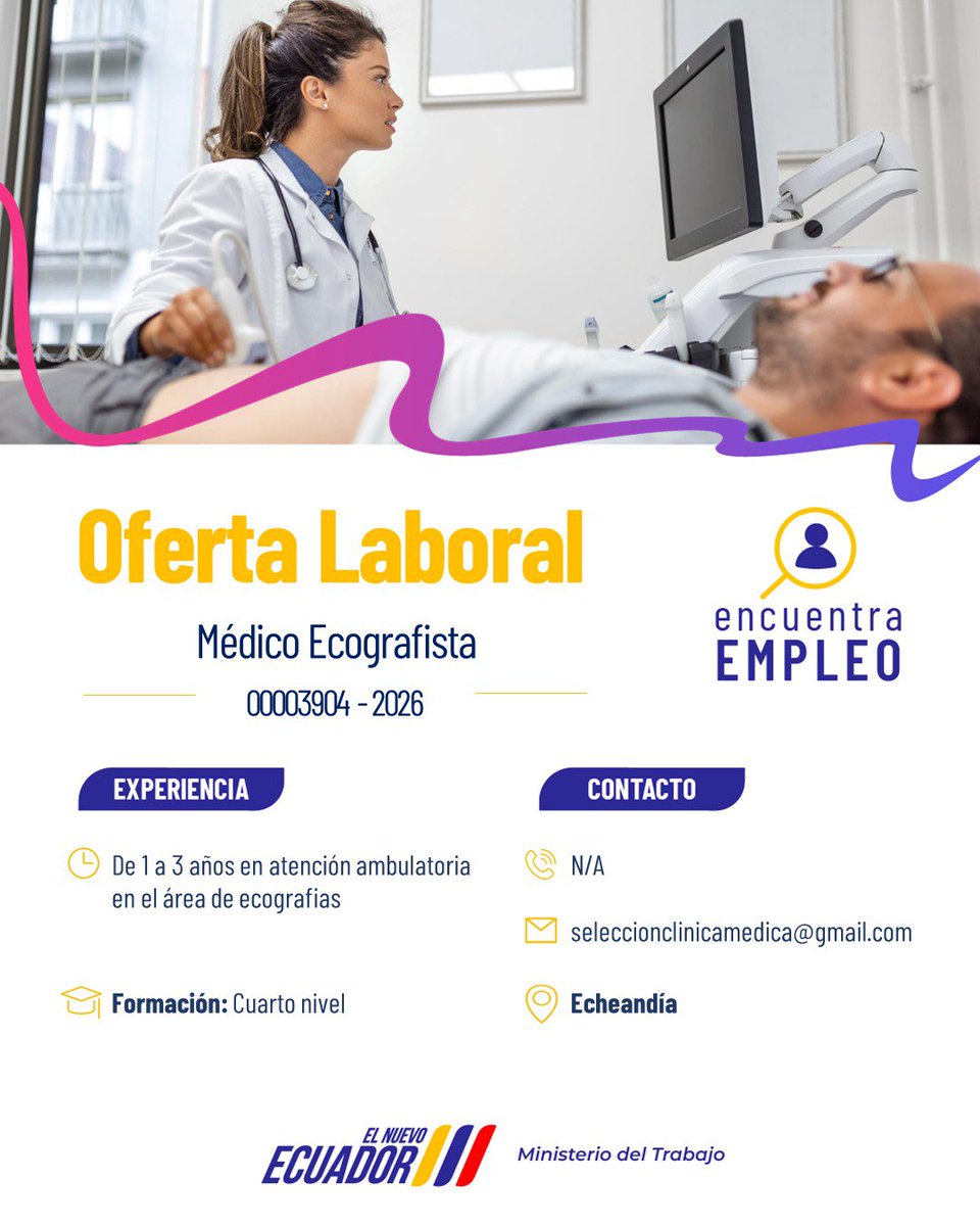 ¡Estamos buscando talento en Echeandia!
¿Eres médico ecografista y quieres formar parte de un equipo comprometido con la salud y la excelencia? 
Postulate en nuestra pagina de encuentra empleo y busca oferta laboral
#medico #ecografista #echeandia