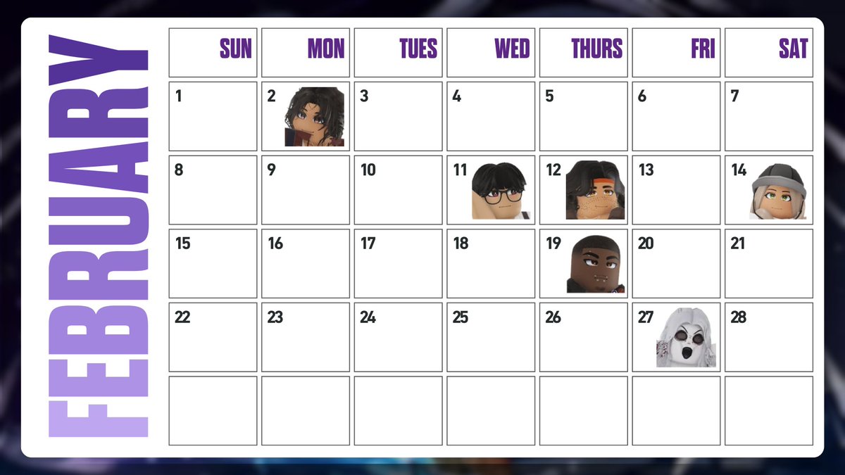 [📌 |  FEB]    
---    
Here is the calendar of events for the month of February! Love is in the air today, so make sure to mark your calendars for your favorite characters and support them on their birthdya~  
---  
#daybreak2 #robloxdaybreak #DayBreakroblox #db2