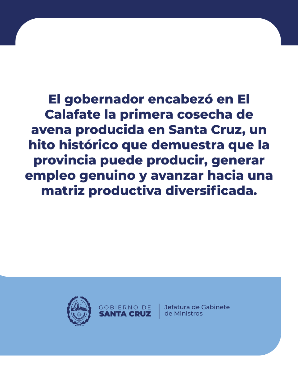Histórica primera cosecha de avena en Santa Cruz

En El Calafate, el gobernador Claudio Vidal dio inicio a un proyecto productivo que genera empleo, impulsa el autoabastecimiento y demuestra que la provincia puede crecer con trabajo y producción.