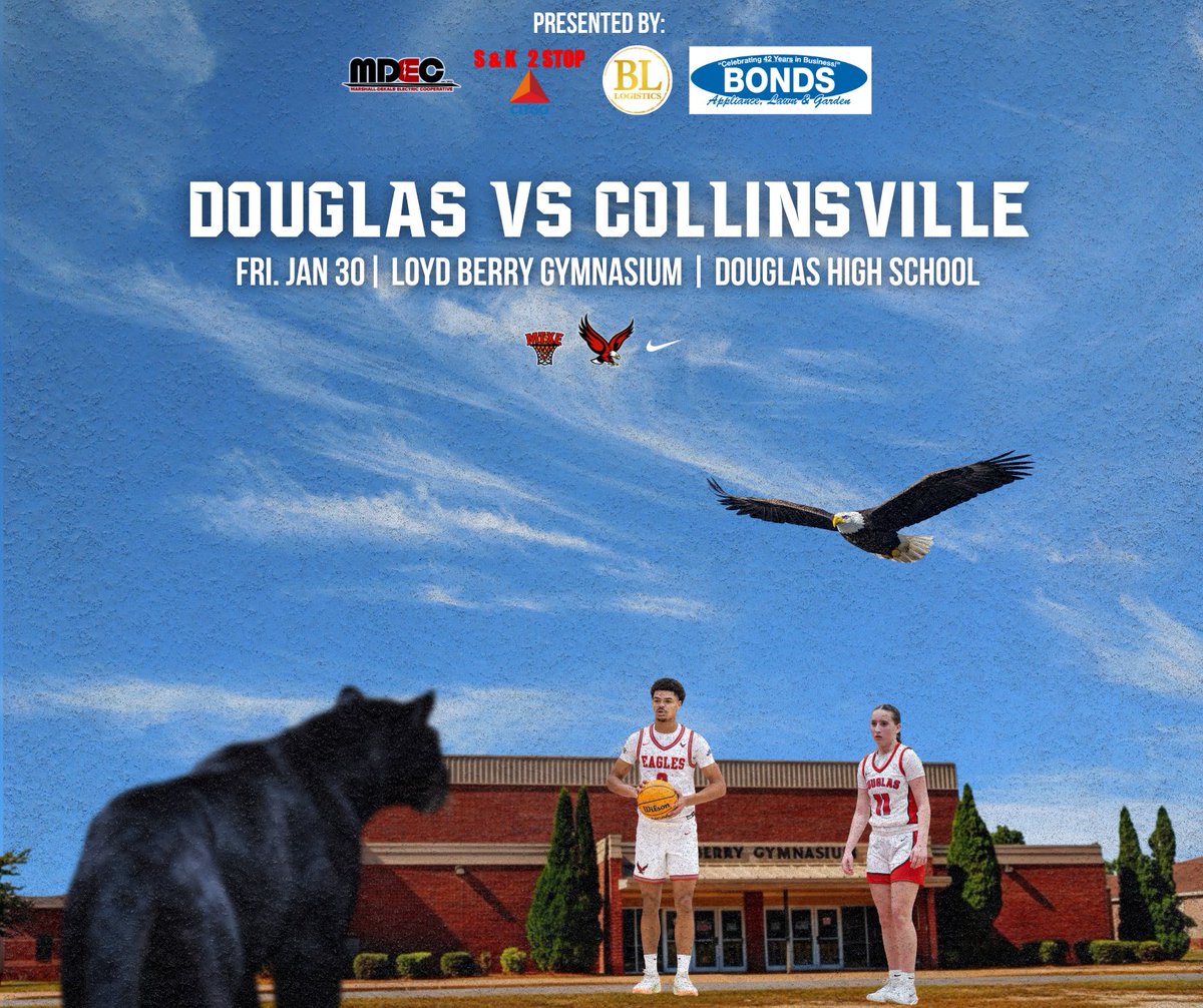 dhseaglebball's tweet photo. 🚨 Gameday 🚨

🆚 Douglas vs Collinsville
🏀 JVG, VG, VB
⏰ 4:00, 5:00, 6:30
📍 Loyd Berry Gymnasium (DHS)
📺 NFHS Network

Presented by:
Marshall Dekalb Electric Cooperative
S&amp;K 2 Stop Citgo
BL Logistics
Bonds Appliance

📸 Callie Lewis

#GoEagles🦅 | #MTXE https://t.co/phrs1nED25