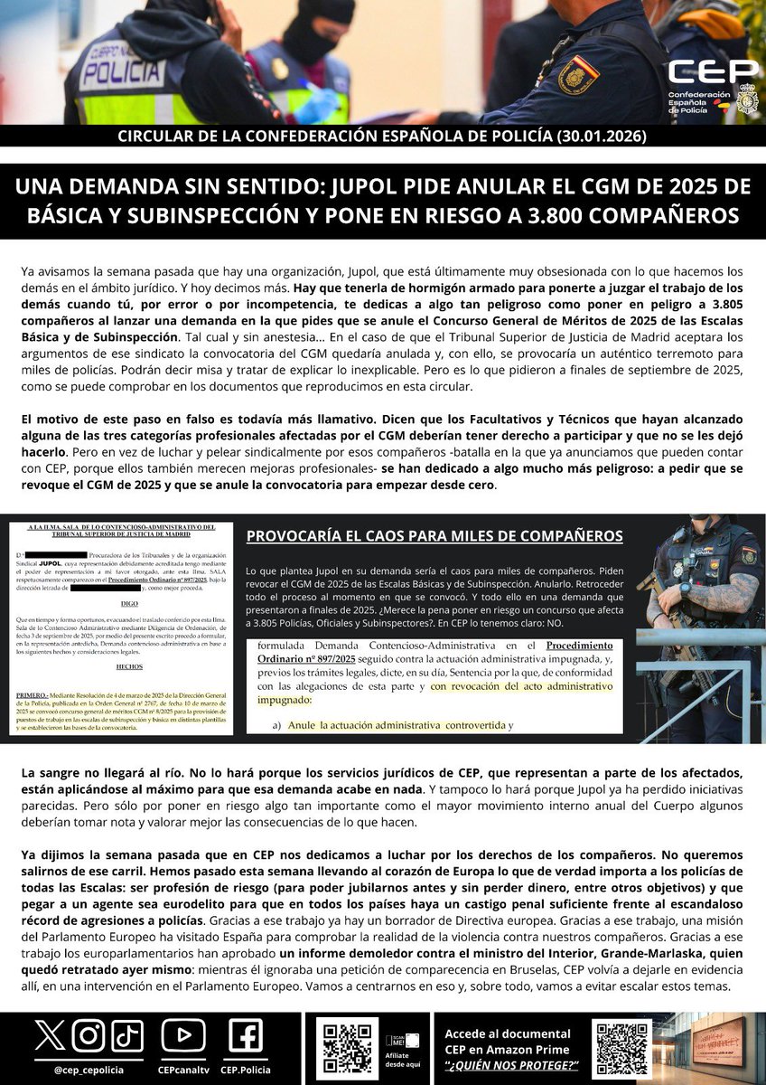 ⚖️ Ya dijimos hace una semana que iniciar una espiral sobre la gestión jurídica de los demás podría ser peligroso. Porque pedir rigor y poner tú en riesgo el CGM de 2025 de las Escalas Básica y de Subinspección, que afecta a 3.800 compañeros, no es lo más hábil. Seguimos 💪🏻👮🏻‍♂️👮🏻