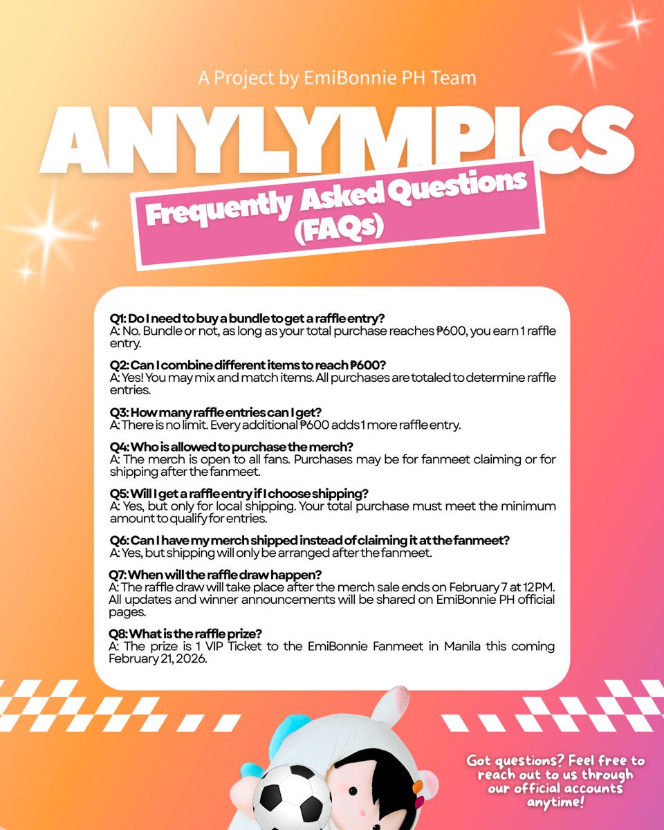 EmiBonniePH_OFC's tweet photo. Mga ka-ANYs! 🏅🔥 On your marks, get set—GO!

Brought to you by the EBPH Team,
We are proud to announce that ANYlympics merch is officially out!!! 👀✨⚽

Ready na for the ultimate fan sprint? 🏃‍♀️💨
Order na sa ANYlympics merch—perfect pang-suporta at pang-flex sa darating na fanmeet! 💜🧡

📝 Pre-order form: https://t.co/Hn77gCfDEI
🕙 Order form opens TONIGHT
⏰ Closes on Feb 7, 12 PM — baka ma-miss niyo, ANYs! 😆
📍 On-site claiming: Feb 21 (Fanmeet day)
📦 Local & international shipping: after the fanmeet
💳 Strictly online payment only

🎟️ Raffle reminder: The winner must be available to attend the fanmeet to claim the VIP ticket—regardless of claiming method.

Handa na ba kayong lumaban para sa ginto, silver, at ultimate ANY pride? 🥇😉
Let the ANYlympics begin 🏅🔥