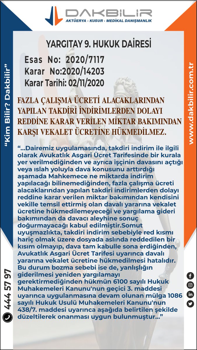 Dakbilircom's tweet photo. FAZLA ÇALIŞMA ÜCRETİ ALACAKLARINDAN YAPILAN TAKDİRİ İNDİRİMLERDEN DOLAYI REDDİNE KARAR VERİLEN MİKTAR BAKIMINDAN KARŞI VEKALET ÜCRETİNE HÜKMEDİLMEZ. https://t.co/smiYeOkvbR