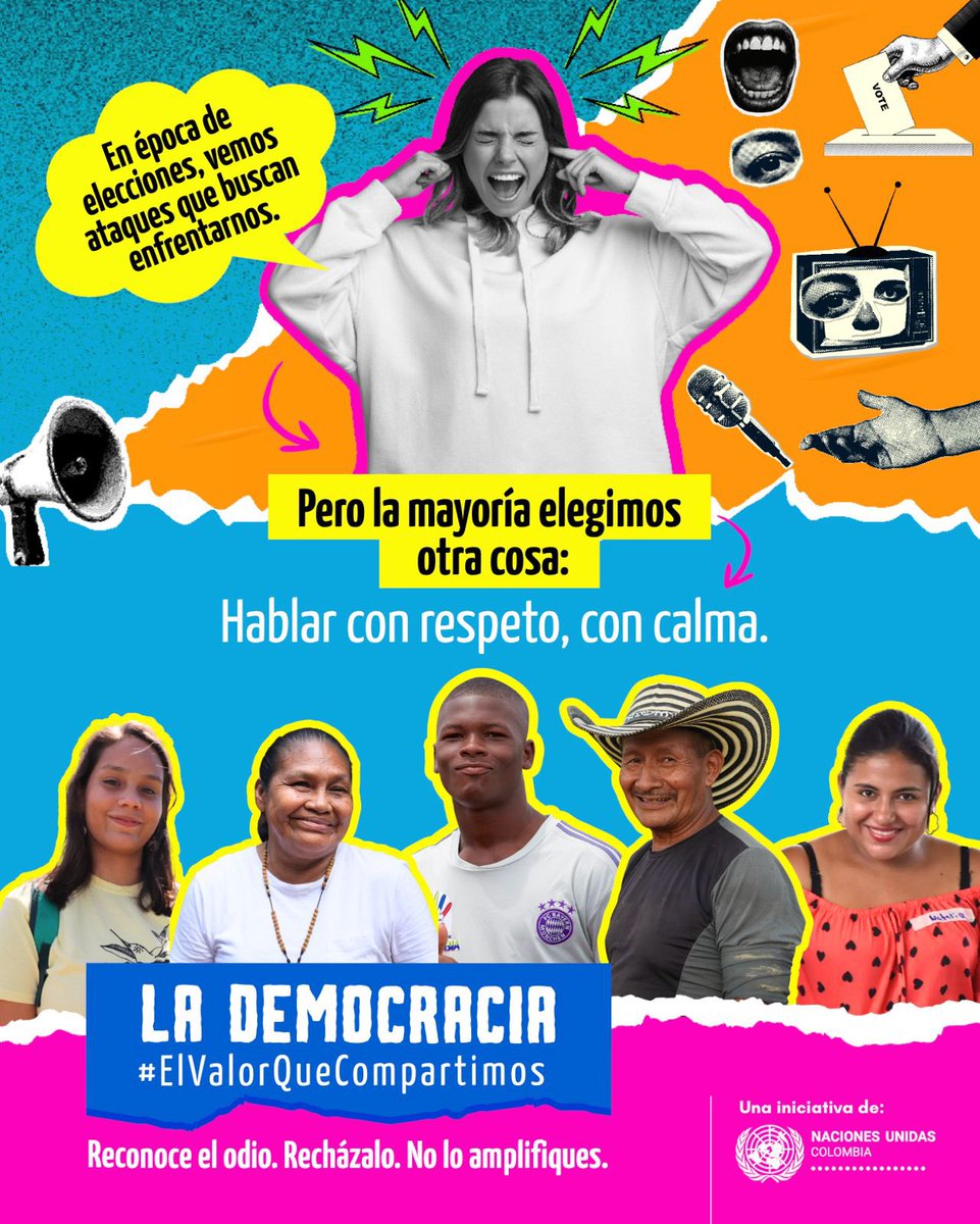 MisionONUCol's tweet image. Siempre tenemos la opción de elegir el diálogo y el respeto en lugar de amplificar conversaciones en redes que nos llenan de malestar y odio.   

Reconoce el odio. Recházalo. No lo amplifiques.  

Si te suena este mensaje, compártelo.   

La Democracia, #ElValorQueCompartimos