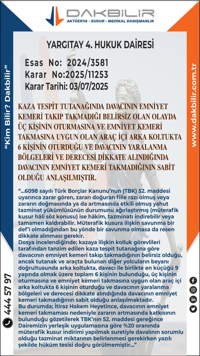 Dakbilircom's tweet photo. ÜÇ KİŞİNİN OTURMASINA VE EMNİYET KEMERİ TAKMASINA UYGUN OLAN ARAÇ İÇİ ARKA KOLTUKTA 6 KİŞİNİN OTURDUĞU VE DAVACININ YARALANMA BÖLGELERİ VE DERECESİ DİKKATE ALINDIĞINDA DAVACININ EMNİYET KEMERİ TAKMADIĞININ SABİT OLDUĞU ANLAŞILMIŞTIR. https://t.co/UEYKQHdfh9