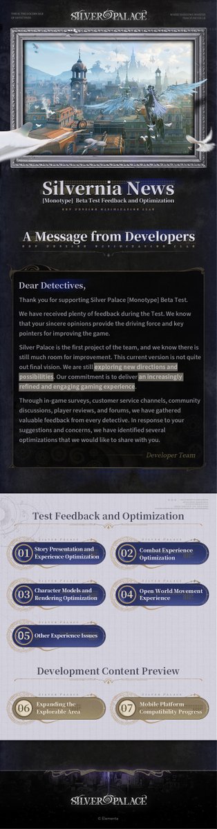 SilverPalace_EN's tweet photo. Dear Detectives, thank you for your interest in the Silver Palace [Monotype] Beta Test! We've received a great deal of feedback from the community. Based on your suggestions and insights, we've identified several key areas for improvement that we'd like to share with you.

#SilverPalace #MonotypeBetaTest