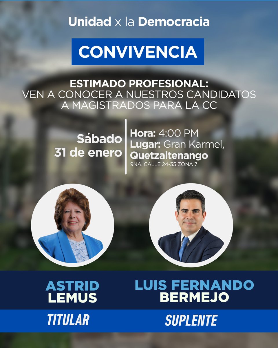 ¡Atención, estimados colegas agremiados en Quetzaltenango! 

Recordemos que la elección de Magistrados y Magistradas de la Corte de Constitucionalidad, la elección Tribunal Electoral del CANG, la elección de representante del CANG ante el CSU…