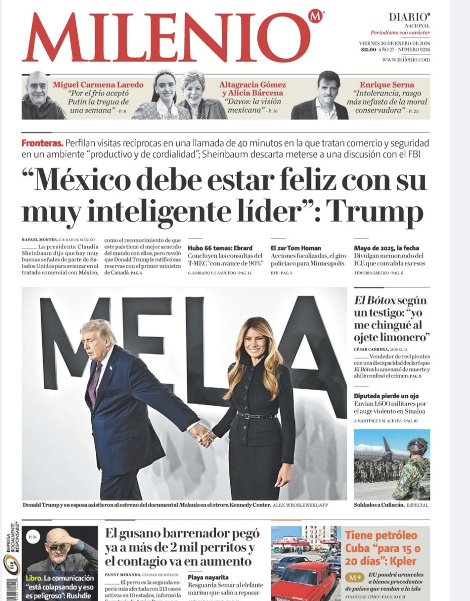 Los editores de este negocio que, tradicionalmente, se han vendido al poder, quisieron quedar bien con esta encabezado pero lograron lo contrario. Los elogios de <a href="/realDonaldTrump/">Donald J. Trump</a> a <a href="/Claudiashein/">Claudia Sheinbaum Pardo</a> se deben a que la presidenta aceptó que México no enviara petróleo a Cuba bajo