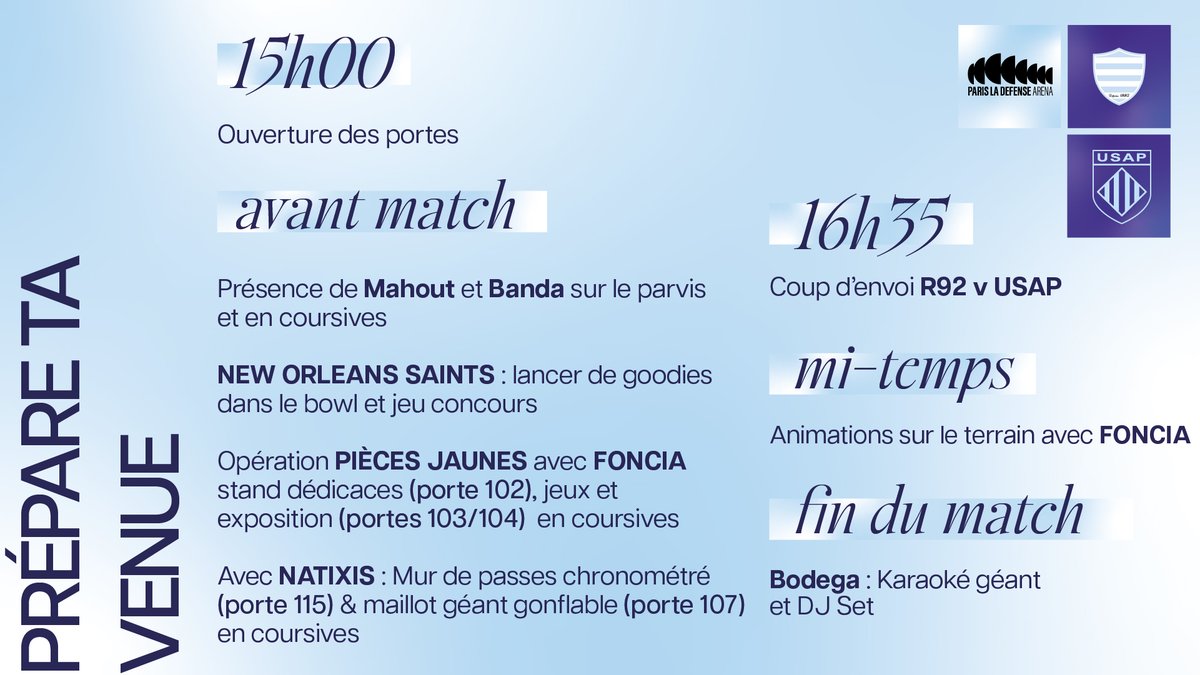 racing92's tweet photo. ℹ️ 𝗾𝘂𝗲𝗹𝗾𝘂𝗲𝘀 𝗶𝗻𝗳𝗼𝘀 avant le match de demain à @ParisLaDefArena   

plus de détails ℹ️ https://t.co/JEMiqH5A8A

tes billets 🎟️ https://t.co/2lkx49LMdk 

#R92 https://t.co/uqZUCqAG5K