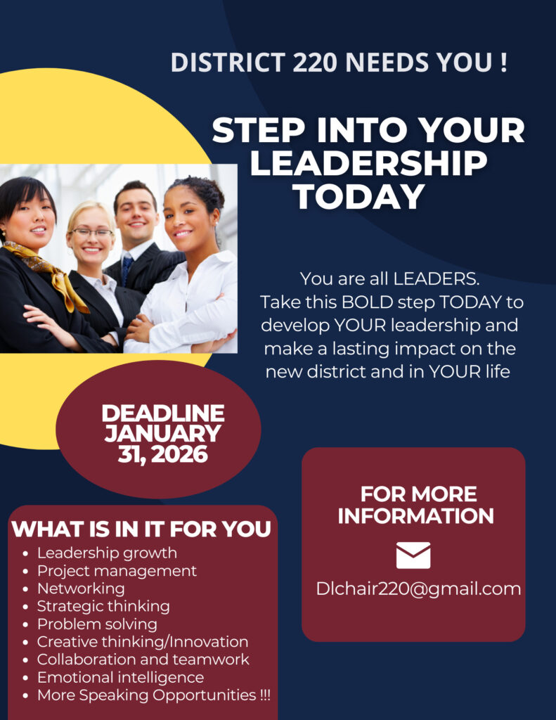 🚨 Two Days Left — Deadline: January 31, 2025! 🚨

Step into your leadership journey with <a href="/Toastmasters/">Toastmasters</a> International District 220 and make a lasting impact across our club community.

This is your moment to take a bold step — apply your skills, expand your leadership, and