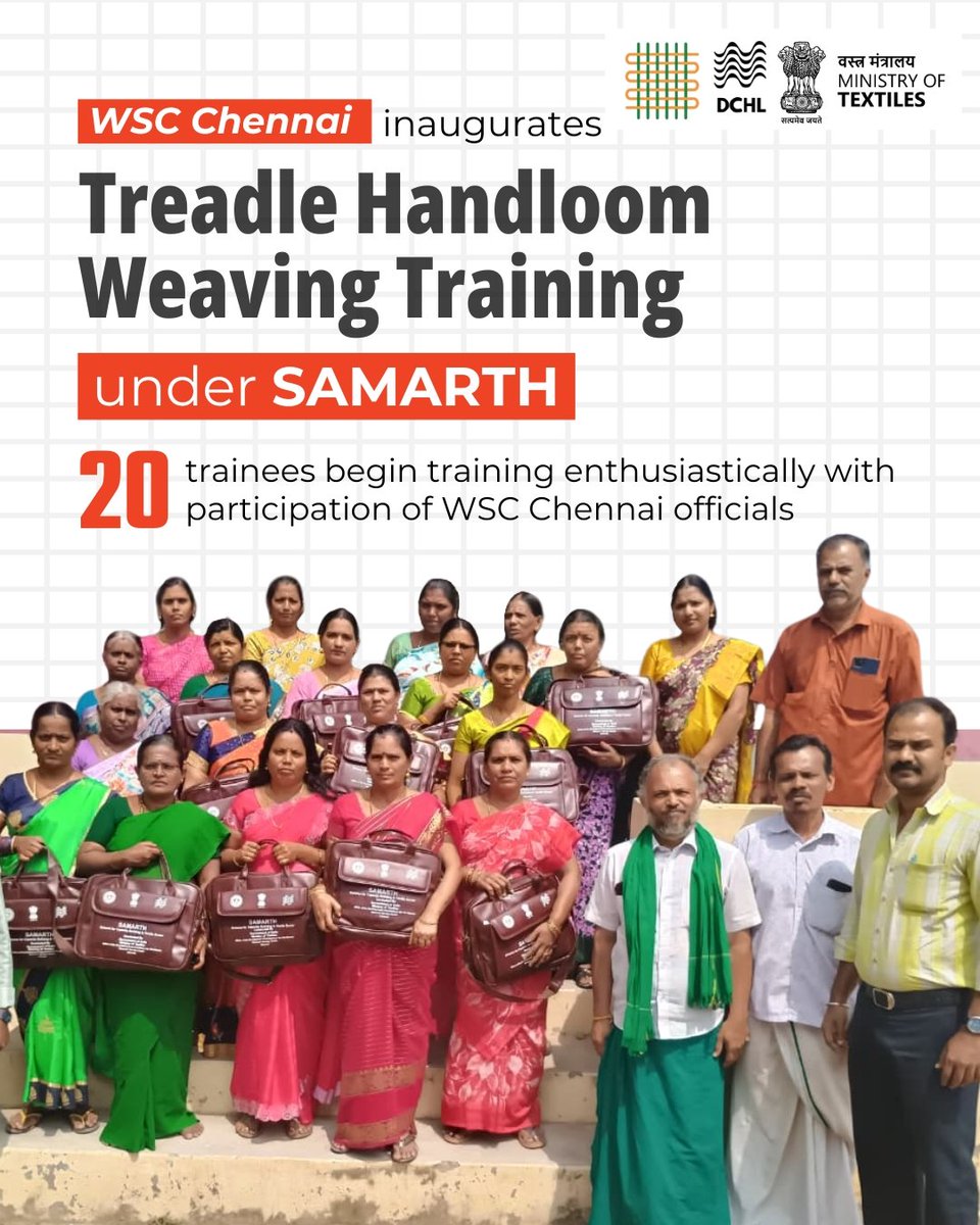 dchandlooms01's tweet image. WSC Chennai inaugurates Treadle Handloom Weaving Training under SAMARTH; 20 trainees begin training enthusiastically with participation of WSC Chennai officials.

#handlooms #weaving #training #workshop #dchandlooms #textiles #weavers