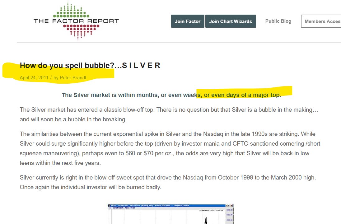 PeterLBrandt's tweet photo. To be candid, if, indeed, it proves that I called both the 2011 top and now the 2026 top (both within days of tops) that would be pure random chance. Nobody is good enough to call two tops within days of such historic moves. But, hey, just maybe $SLV $SI_F https://t.co/XXDF3ijvW4