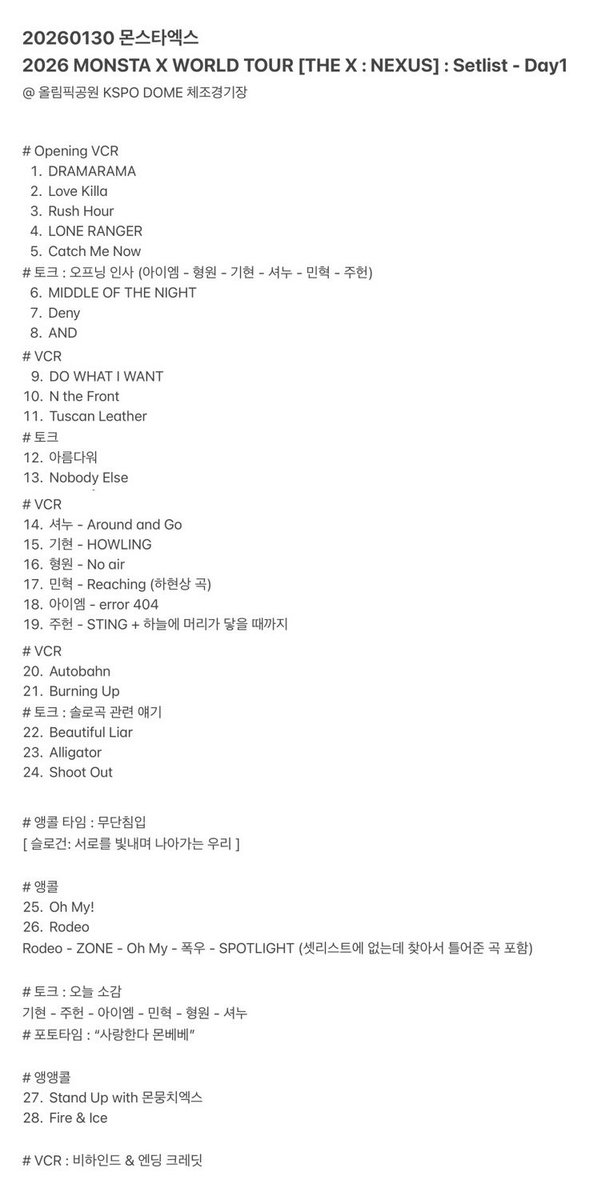 MonstaXmas21's tweet image. 20260130 몬스타엑스 
2026 MONSTA X WORLD TOUR [THE X : NEXUS] : Setlist - Day1 
@ 올림픽공원 KSPO DOME 체조경기장 

# Opening VCR 
1.DRAMARAMA
2.Love Killa
3.Rush Hour 
4.LONE RANGER
5.Catch Me Now
# 토크 : 오프닝 인사 (아이엠 - 형원 - 기현 - 셔누 - 민혁 - 주헌)…