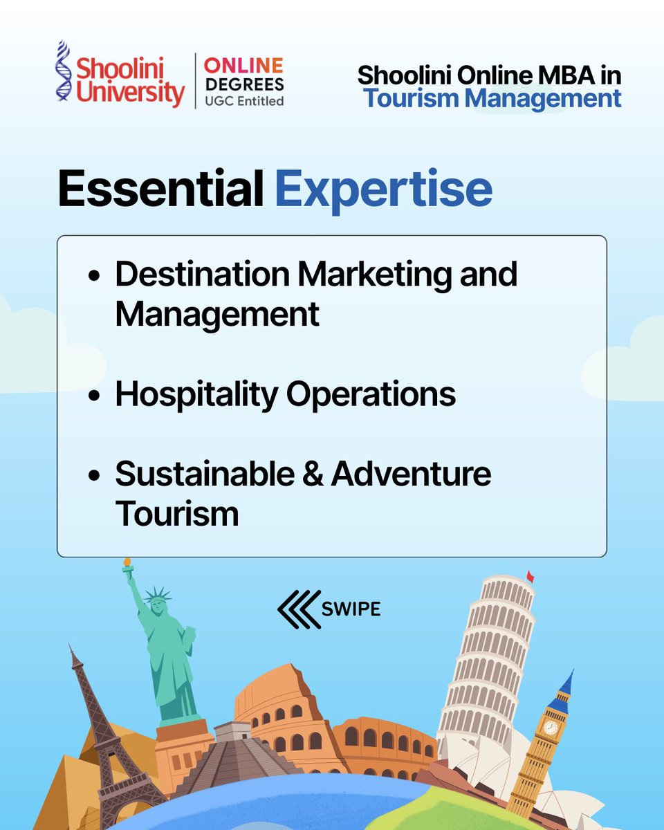 ShooliniO14183's tweet photo. Transform Tourism with Shoolini Online MBA! ✈️  

Lead the tourism industry with Shoolini University Online’s MBA in Tourism Management. Master Destination Management, Hospitality Operations, Sustainable Practices, and Event Tourism for roles like Tourism Director. https://t.co/jMQ2x8awdr