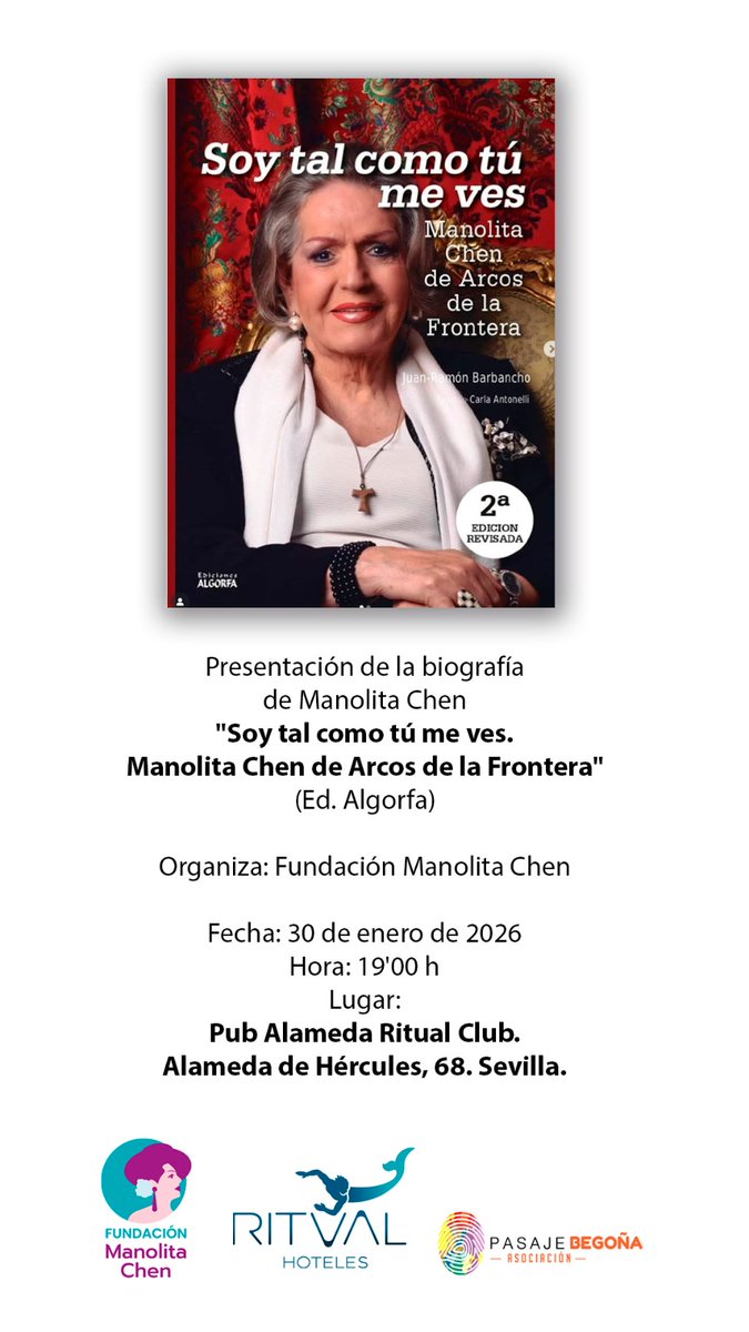 Sevilla | Este viernes 30 de enero, a las 19:00 h, no te pierdas la presentación de la biografía de Manolita Chen "Soy tal como tú me ves" en el Pub Alameda Ritual Club, organizada por la <a href="/FundacionMChen/">Fundación Manolita Chen</a>.
