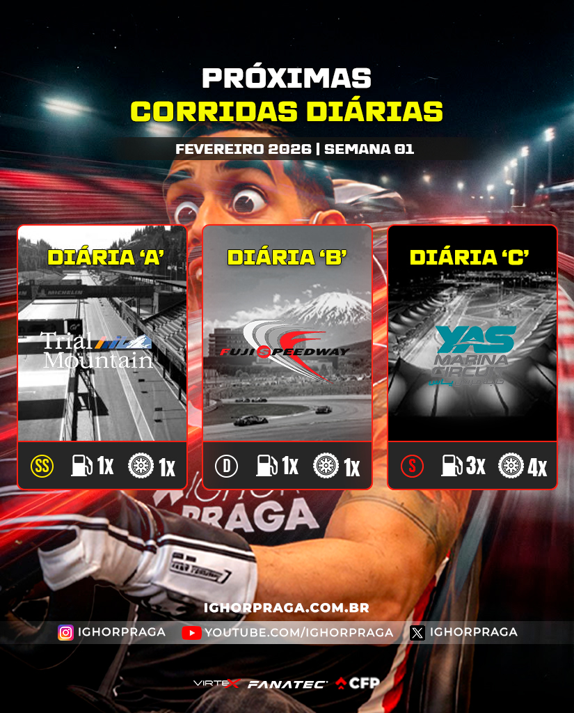 IghorPraga's tweet photo. 💥 Corridas Diárias da próxima semana - Gran Turismo 7

Semana 01 - Fevereiro 2026

Diz aí nos comentários o que achou das diarinhas 🥰
--

#ighorpraga #granturismo7 #gt7 #gt7brasil #granturismobrasil #newdaily #dailyrace #cfp #novasdiarias https://t.co/2JTjoT69aw