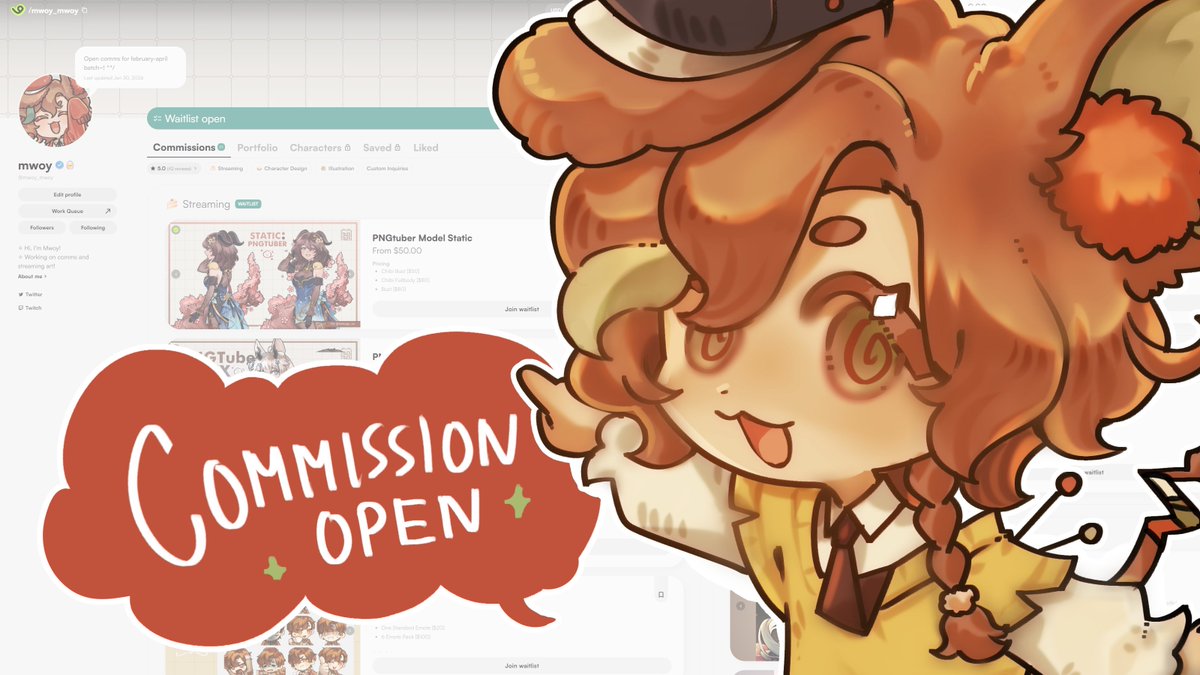 Hi everyone, my commissions are now open! ✨

Slots will be for february-april and will not be first come first serve, please do check it out if you're interested! Thank you so much! ^^/

🔗 vgen.co/mwoy_mwoy