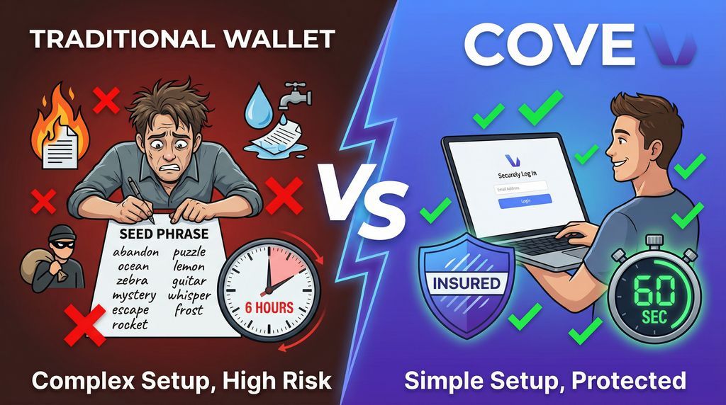 coveai_io's tweet photo. Wallet Setup Comparison
Traditional Wallet: Write down 12-24 random words. Store them safely. Never lose them. One mistake = lost funds forever.

Cove: Sign up with email. Start trading in 60 seconds. Your funds are professionally secured and fully insured.

The choice is obvious.
https://t.co/5XF5s55zqA