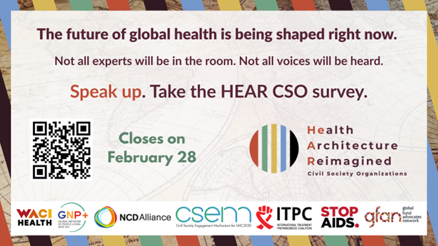 ✨ An opportunity for civil society to have its say on future health architecture.

✅Take the HEAR CSO Global Survey and help advocate for health systems that are more equitable, community-led, and accountable.

📌Responses are anonymous.
📅Deadline: 28 February.

📝 Take the