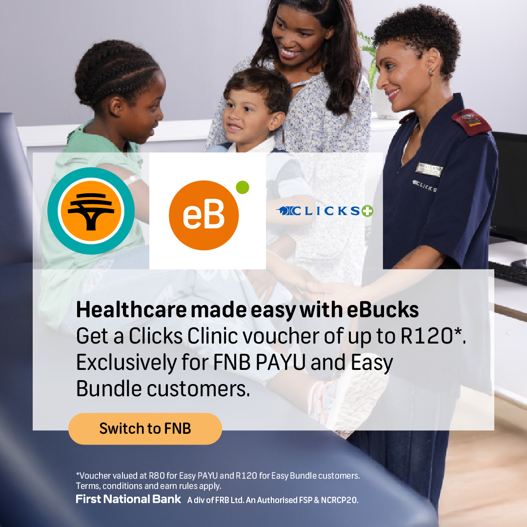 Clicks_SA's tweet image. FNB Easy users, get rewarded for your health!

💙 Earn up to R120 in Clicks Clinic vouchers quarterly with eBucks. Just swipe, deposit, and pay at Clicks!

Check the FNB App or Cellphone Banking for your voucher.

#FNB #eBucks #ClicksClinics