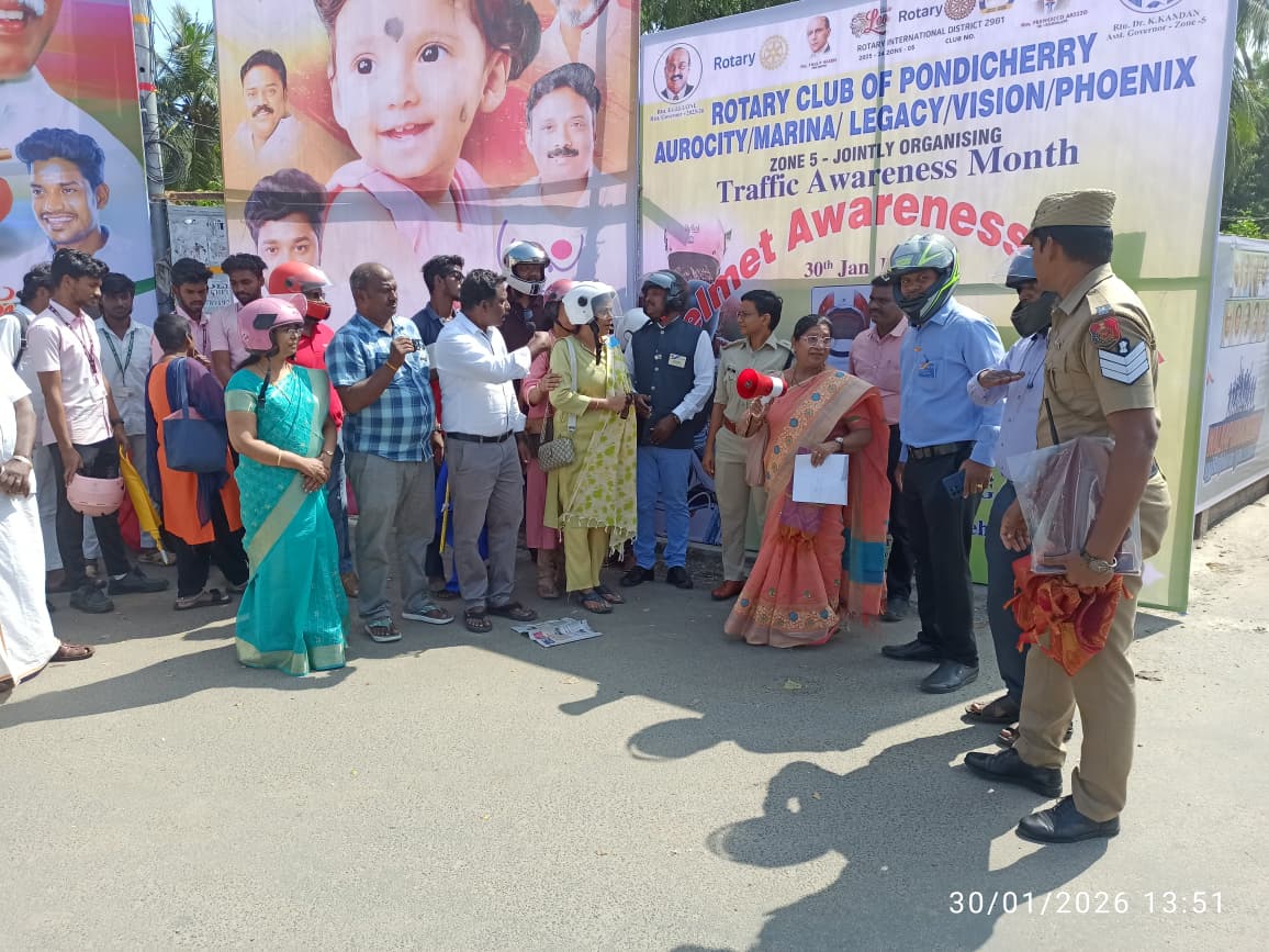 As part of National Road Safety Month 2026, a helmet awareness rally was organised by the Rotary Club of Puducherry at Marapalam Jn. Also an awareness class was  conducted Kavingar Vannidasan Govt High School, Sellaimedu, Bahour by Traffic PS South.