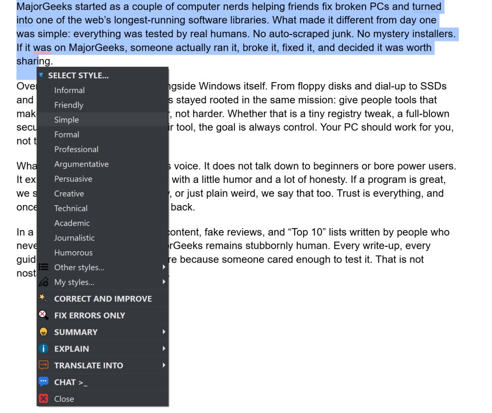 New! AITextTune is a Windows AI writing helper that instantly fixes mistakes, boosts clarity, and reshapes your text into different styles or languages with a quick hotkey.
majorgeeks.com/files/details/…