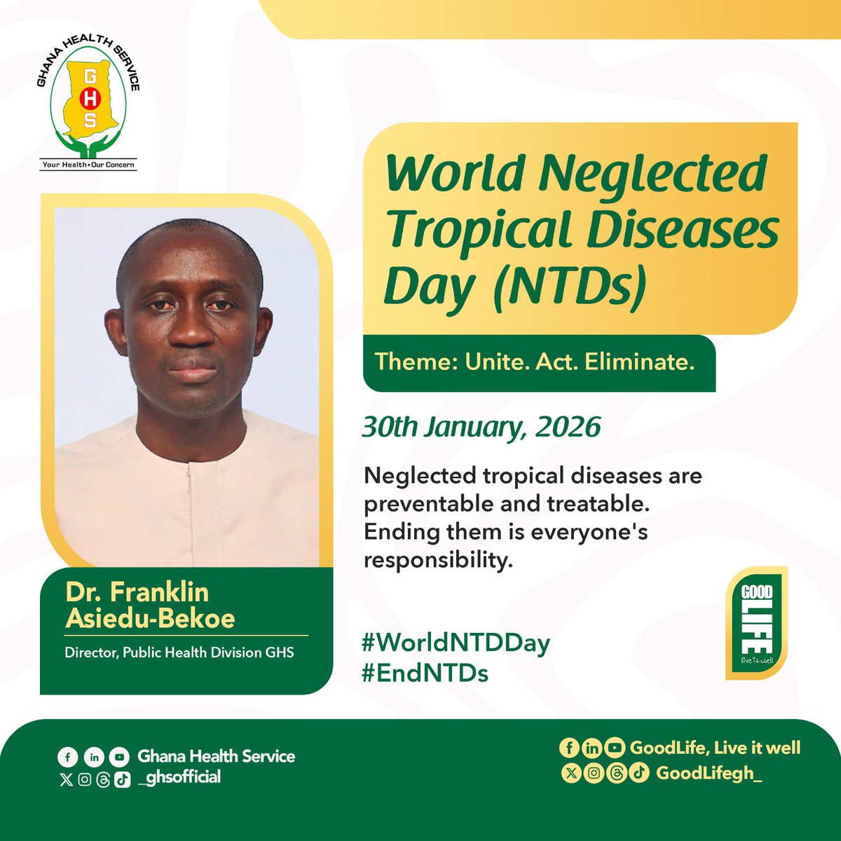 _GHSofficial's tweet image. On #WorldNTDsDay, Ghana stands united to end neglected tropical diseases. Health equity starts with the most neglected communities.
#Unite #Act #Eliminate