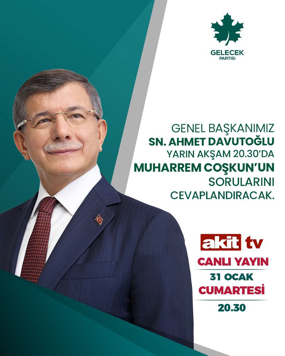 Genel Başkanımız Sayın Ahmet Davutoğlu, Muharrem Coşkun’un konuğu oluyor.

🗓️31 Ocak Cumartesi (Yarın)
⏰20.30
📡Akit TV

📎Sosyal medya hesaplarımızdan canlı olarak yayınlanacaktır.