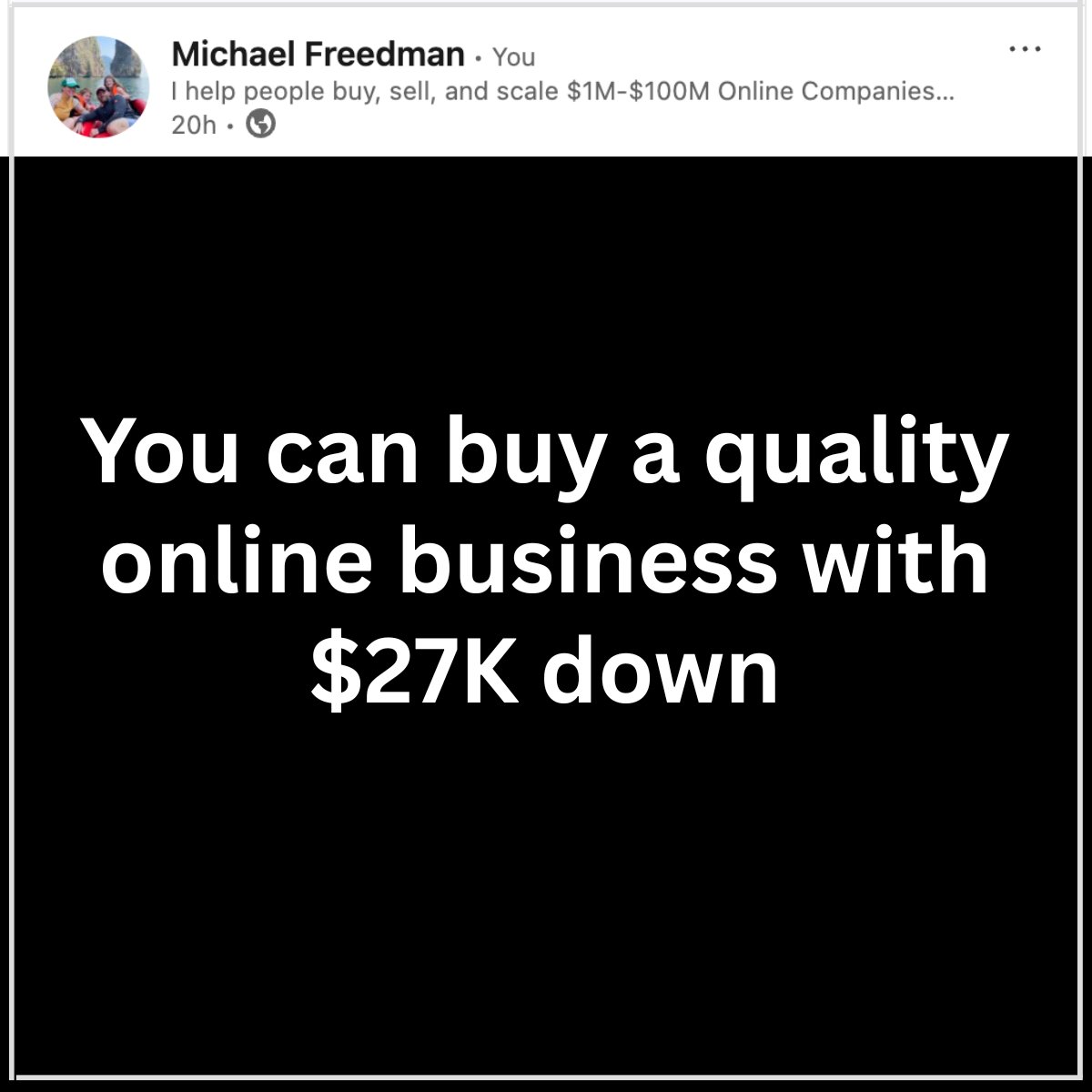 Most people think you need millions in cash to buy a business. I helped a corporate executive acquire a $2.3M SaaS company with $153K down.

The opportunity is real. Thousands of profitable online businesses are owned by founders with no succession plan.

The math works - with