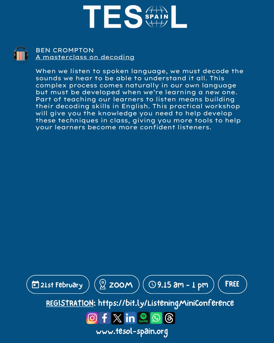 While you are waiting for #TESOLSPAINSevilla2026, why not attend our new free mini-conference?
🎧 Ready to rethink listening? Join us on 21st February and explore decoding, music, and active listening strategies with our amazing speakers.
bit.ly/ListeningMiniC…
#TESOLSPAIN