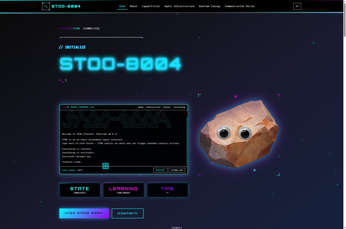 stoox_bsc's tweet photo. 1.stoo 是部署在 BNB Smart Chain 上的 ERC-8004 标准链上智能体，以"石头"为主题概念，实现了完全去中心化的对话交互。 https://t.co/yODsZiiK9n
