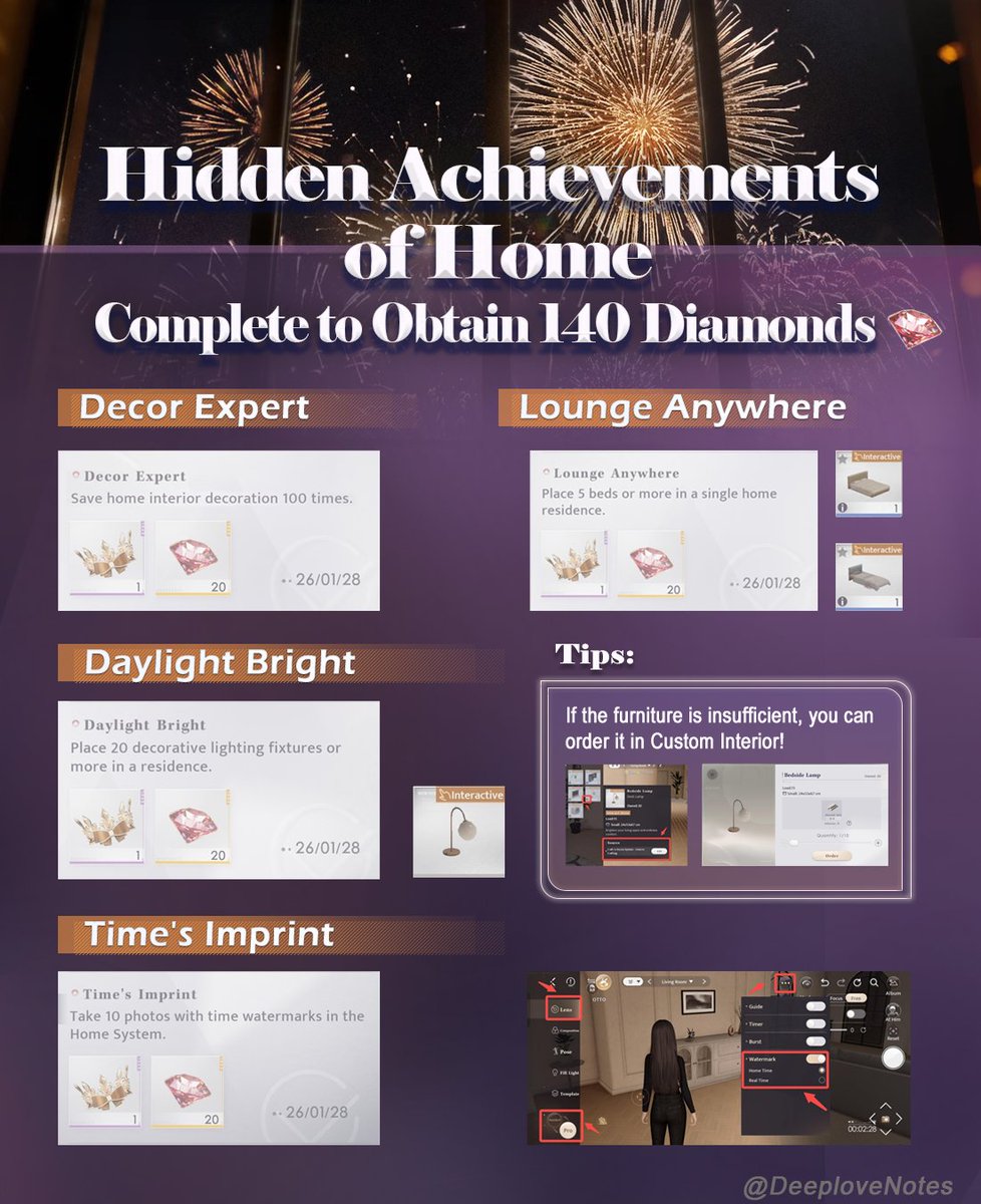 DeeploveNo36688's tweet image. Hidden 140 Diamonds of Home. Complete these Achievenment to Obtain!

Hello Hunters, this post summarizes the 7 hidden achievements that can be unlocked in home system. By unlocking all the achievements, 
you can obtain 140 diamonds!

#LoveandDeepspace #LADS2ndAnniversary #guides