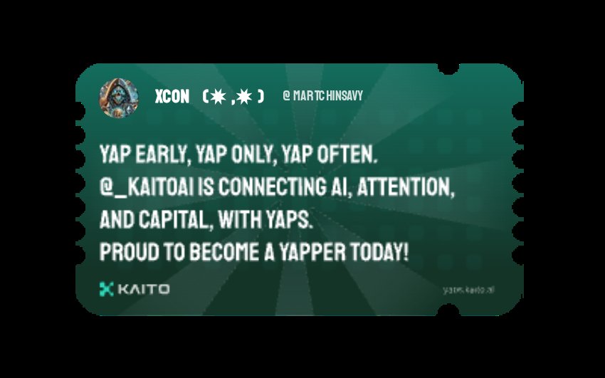 Yap early, yap only, yap often.

<a href="/KaitoAI/">Kaito AI 🌊</a> is connecting AI, attention and capital with Yaps.

Just claimed my social card and I'm accumulating Yap points in real-time.

Claim yours 👉 kaito.ai/referral/14694…