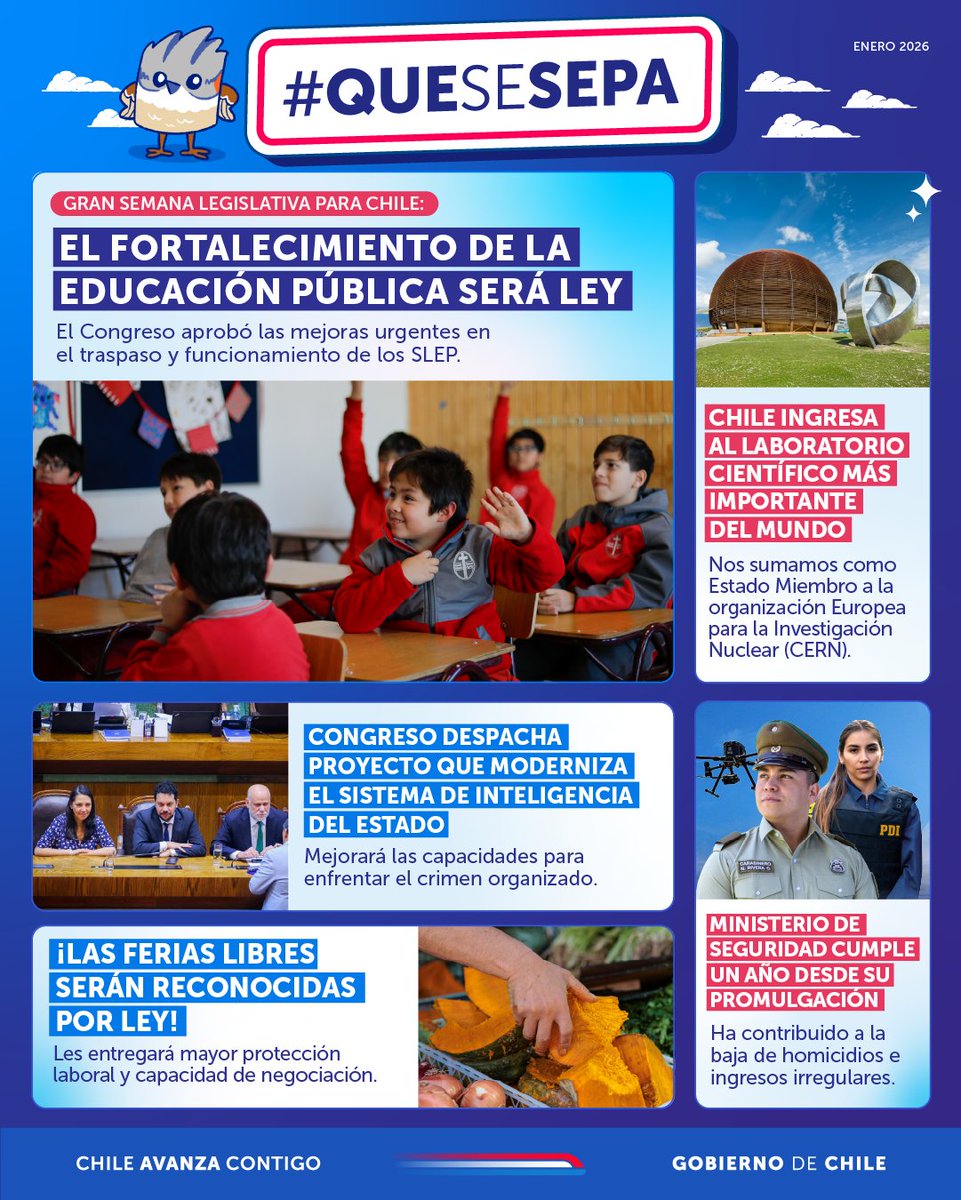 🇨🇱 ¡#QueSeSepa que Chile tuvo una gran semana legislativa! Los últimos días hubo buenas noticias en educación con el fortalecimiento del Sistema de Educación Pública y en seguridad con la aprobación de la modernización del Sistema de Inteligencia del Estado.