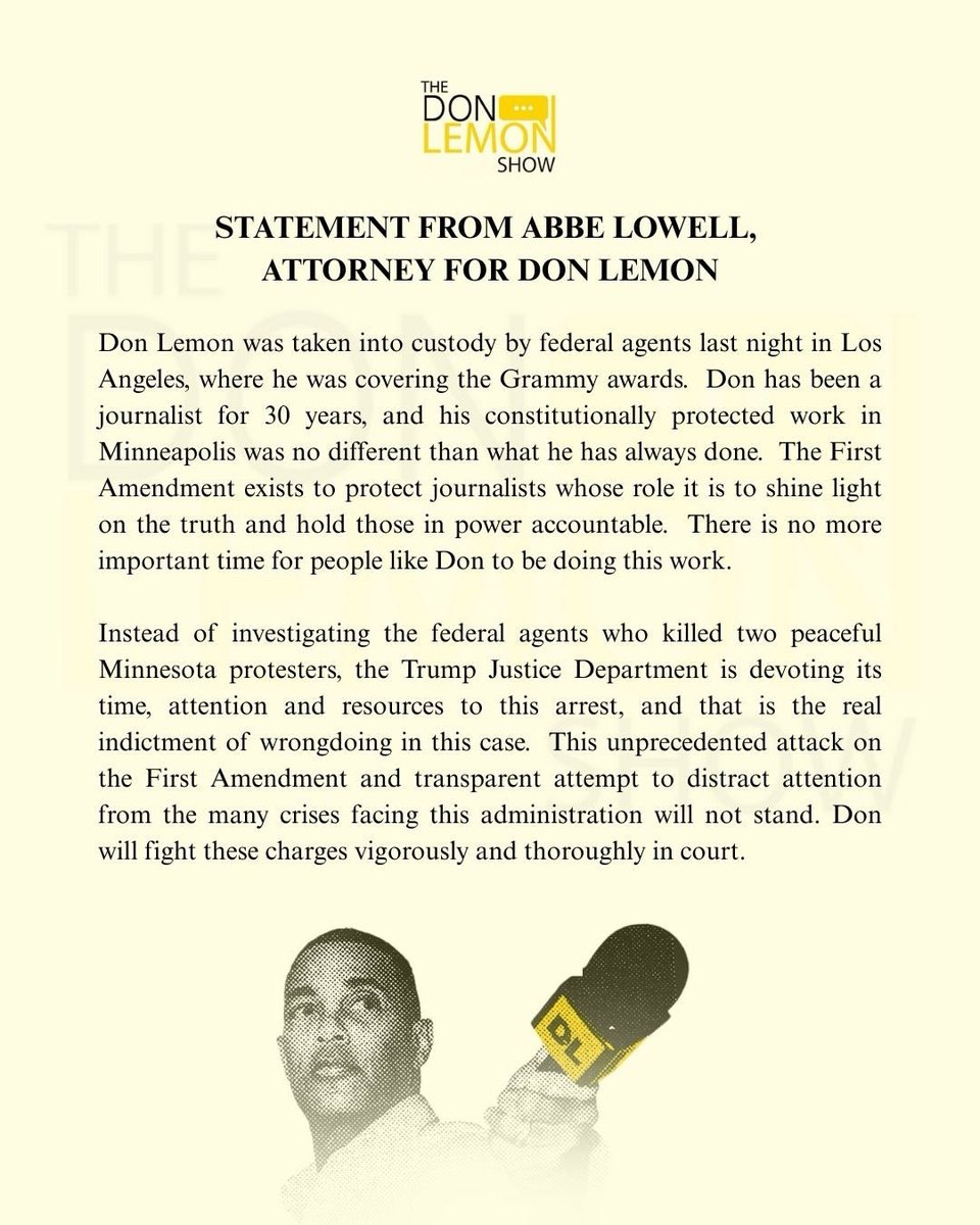 Huberton's tweet photo. 🚨JUST ANNOUNCED: Good Friday. Former CNN "Journalist Don Lemon" arrested by federal agents in LA. FAFO! Gitmo! #FridayVibes #FridayMotivation #DonLemon

Don Lemon’s attorney, Abbe Lowell, confirms Lemon was taken into federal custody in Los Angeles on Thursday night. https://t.co/eAc5WFhkFl