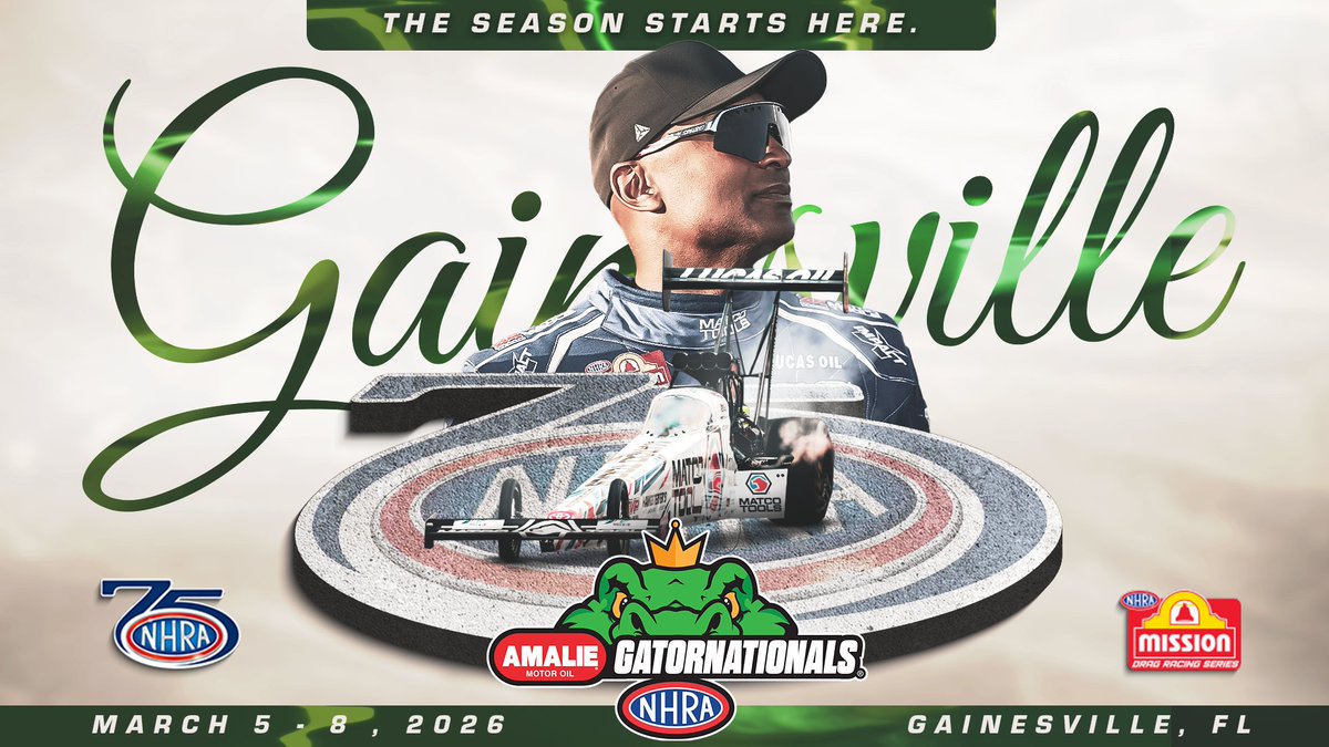 NHRA's tweet photo. The 75th anniversary season kicks off at @GvilleDragRaces! How many years have you been to the Amalie Motor Oil #Gatornats? 

🎟 https://t.co/HDq29KQtpC https://t.co/8iKk4EH4Zy