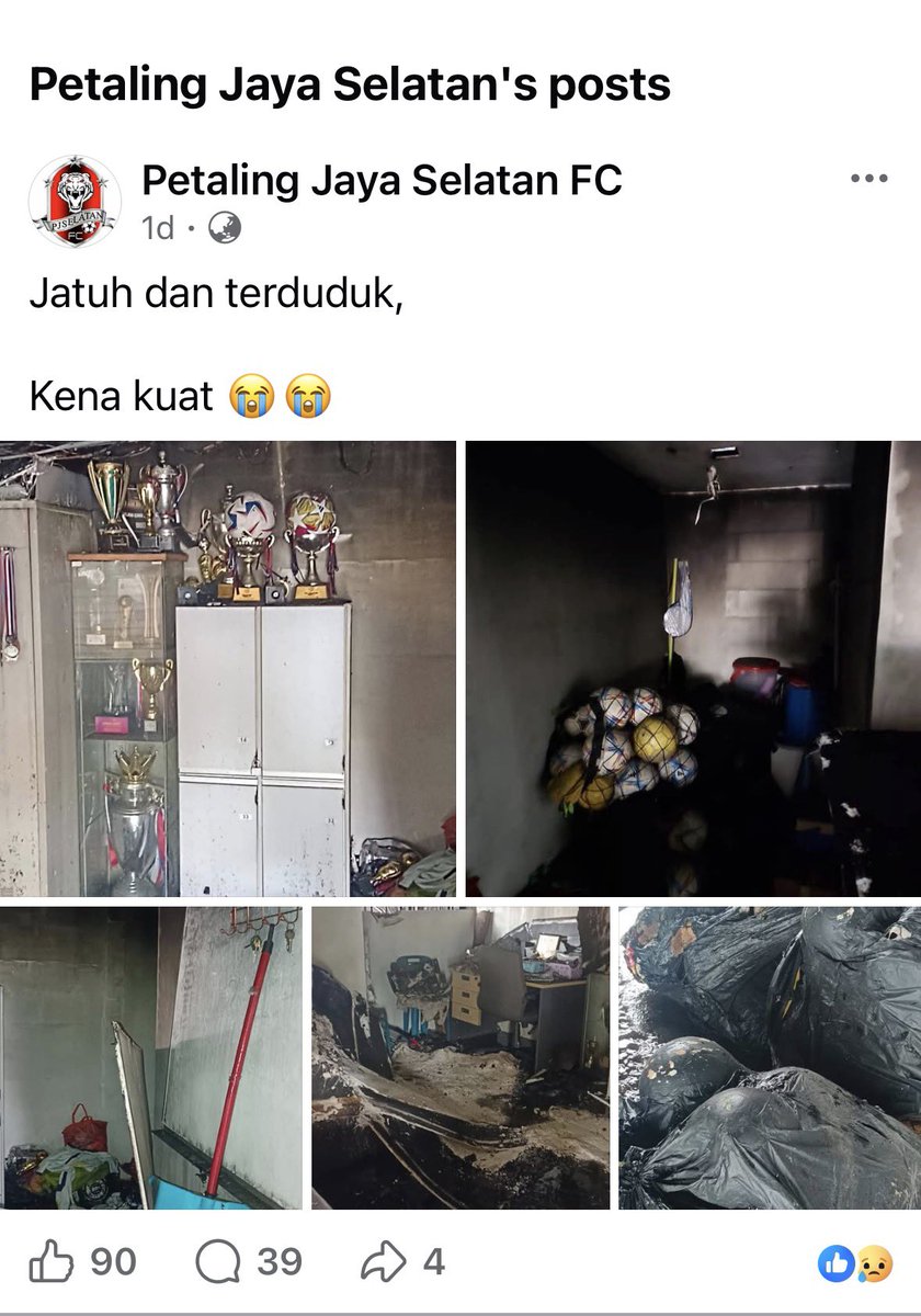 Salam “ Rakan Bola “ saya semua. Saya terima berita dukacita bahawa 1 grassroot club yg saya kenal iaitu PJ Selatan FC, pejabat mereka terlibat dalam 1 kebakaran. Dari gambar yg diterima, saya rasa banyak equipment yg rosak atau musnah sepenuhnya.

Sebagai 1 grassroot club,