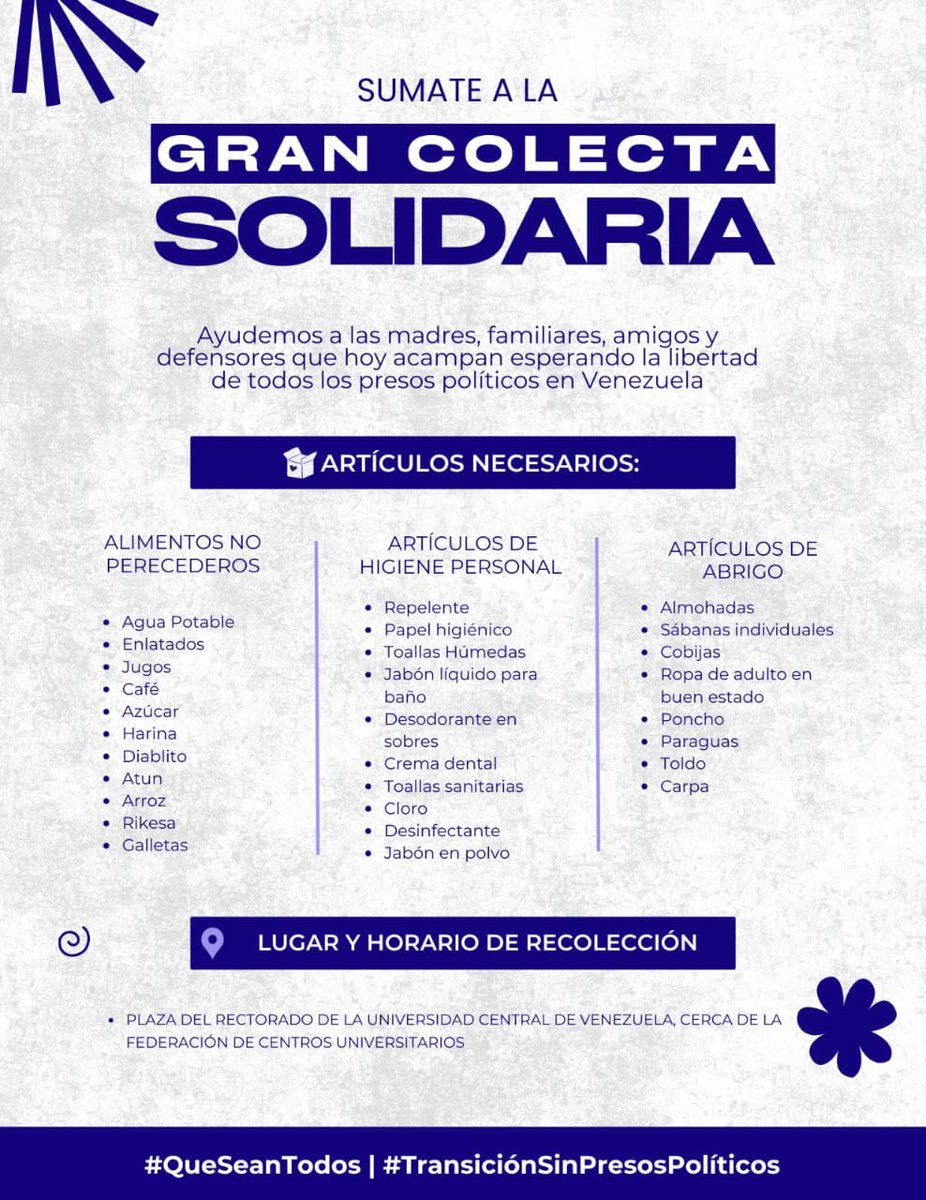 Madres, familiares, amigos, defensores, estudiantes, trabajadores y venezolanos en general están convocando a una gran jornada de recolección de insumos este sábado 31 de enero, para apoyar a las familias que permanecen acampando a las afueras de los centros de tortura de la