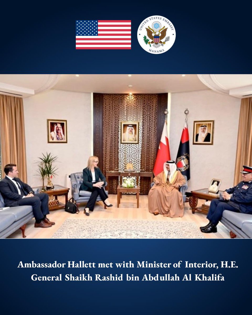 Ambassador Hallett met with Minister of Interior, H.E. General Shaikh Rashid bin Abdullah Al Khalifa, to discuss continued U.S.-Bahrain security cooperation.  #Bahrain #USAinBahrain <a href="/moi_bahrain/">Ministry of Interior</a>