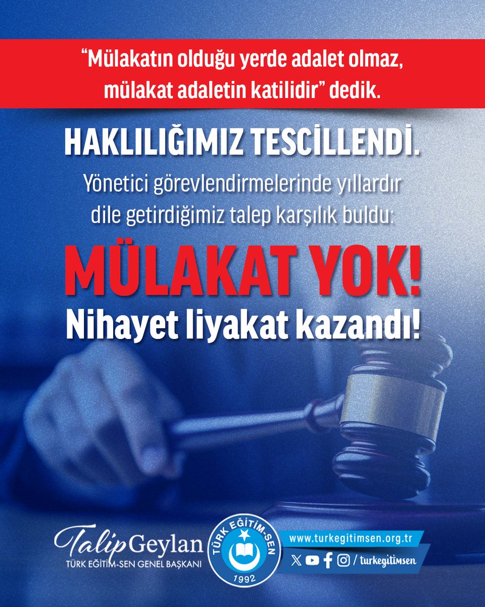MEB yönetici atama yönetmeliğinde mülakatın kaldırılması uzun yıllardır beklenen olumlu bir adım olmuştur.
<a href="/tcmeb/">Millî Eğitim Bakanlığı</a> ‘e meslektaşlarım adına teşekkür ediyorum.