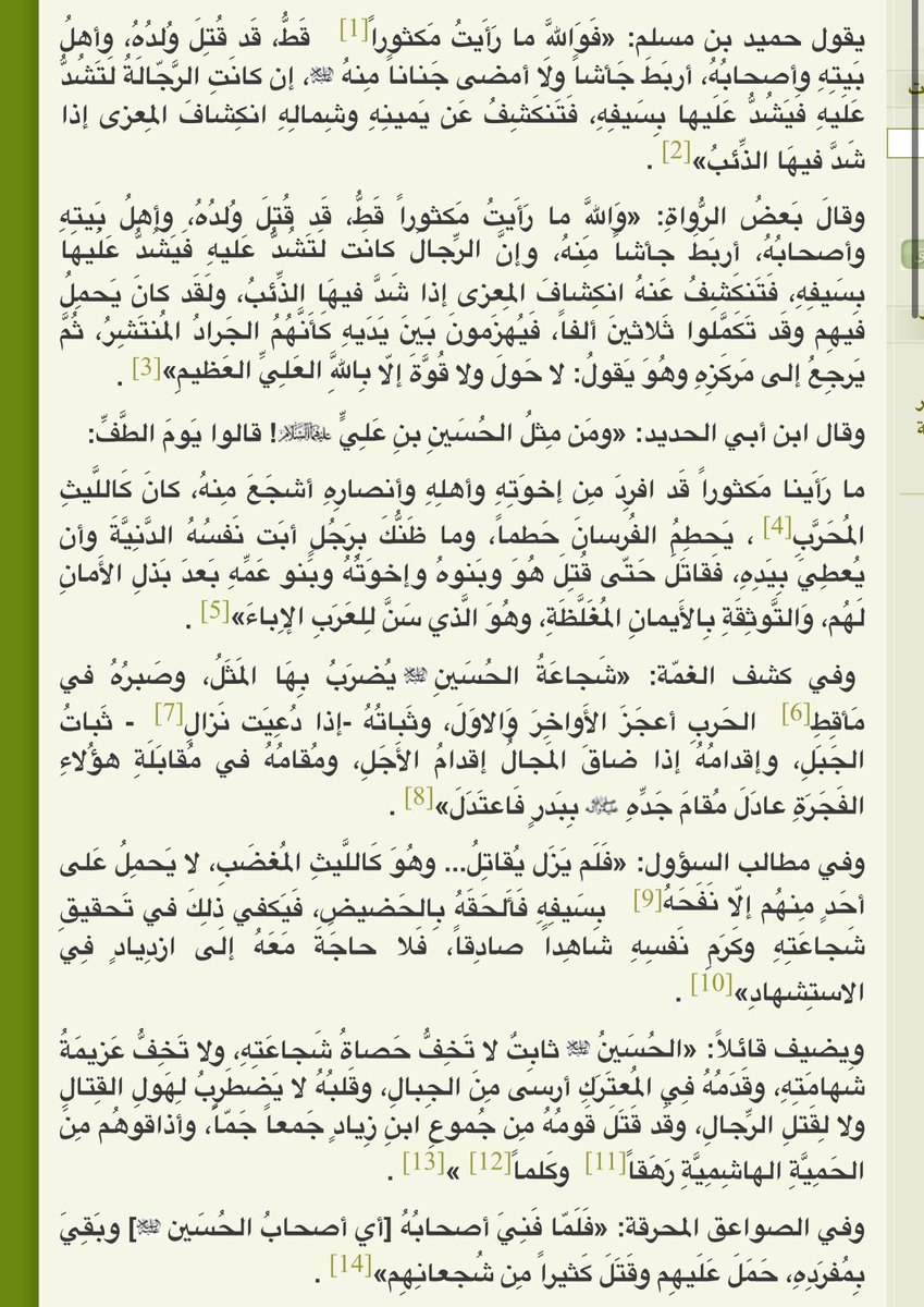 ورد في شجاعة سيد الشهداء -عليه السلام- يوم عاشوراء الكثير، ومنها ما جاء في إرشاد المفيد وملهوف ابن طاووس وغيرهما الكثير من المصادر المتأخرة والمتقدمة من الفريقين وقد أجاد الشاعر الأديب جابر جليل الكاظمي نظم تلك المعاني كلها في ملحمته الموسومة بـ"ألف بيت في تأريخ أهل البيت".