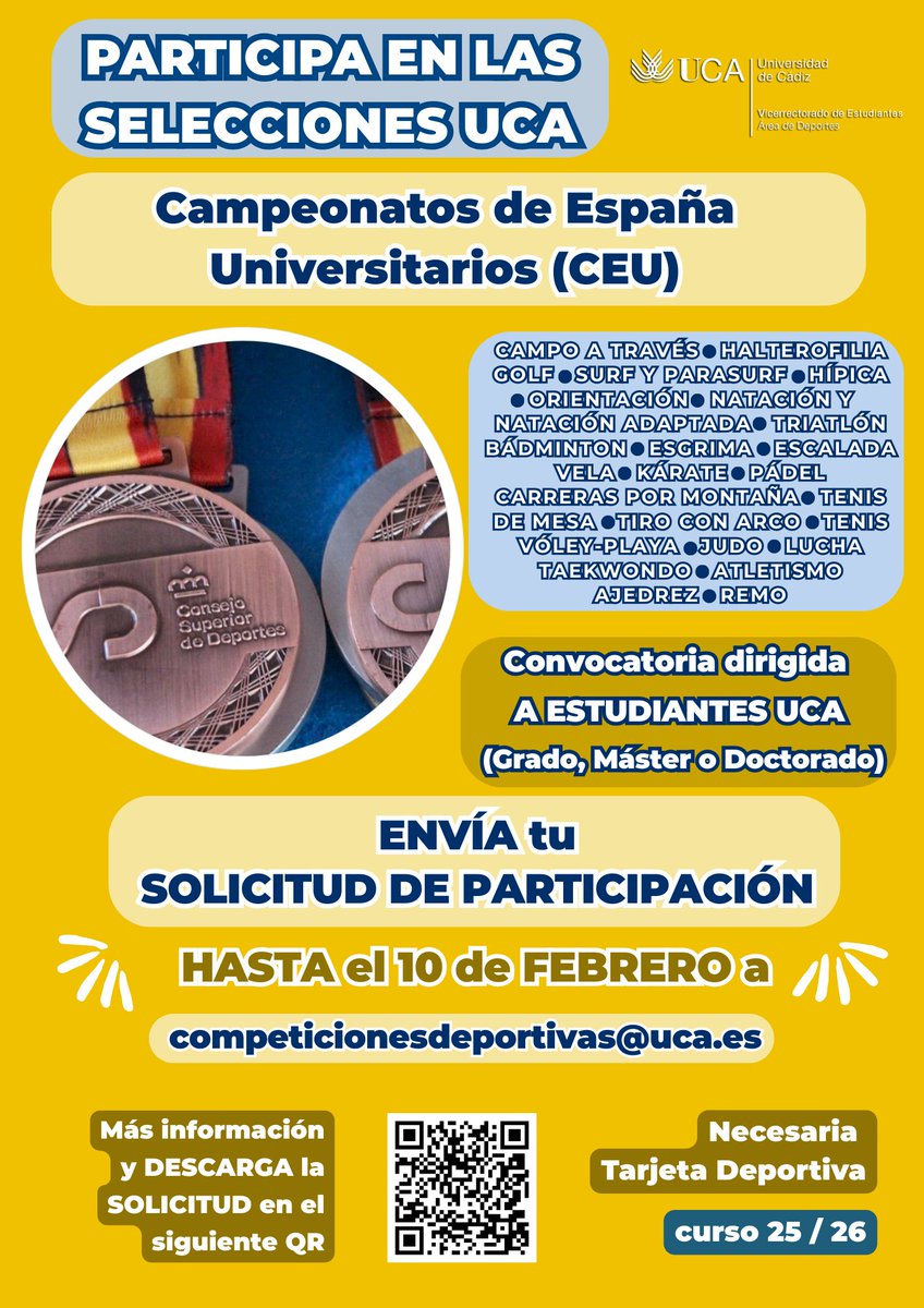 DeporteUCA's tweet photo. Participa en los Campeonatos de España Universitarios 2026

Envía tu solicitud de participación a competicionesdeportivas@uca.es antes del próximo martes 10 de febrero

Más información y solicitudes en https://t.co/N9OtKa0Xri

@univcadiz https://t.co/0Yj6uUpSUb