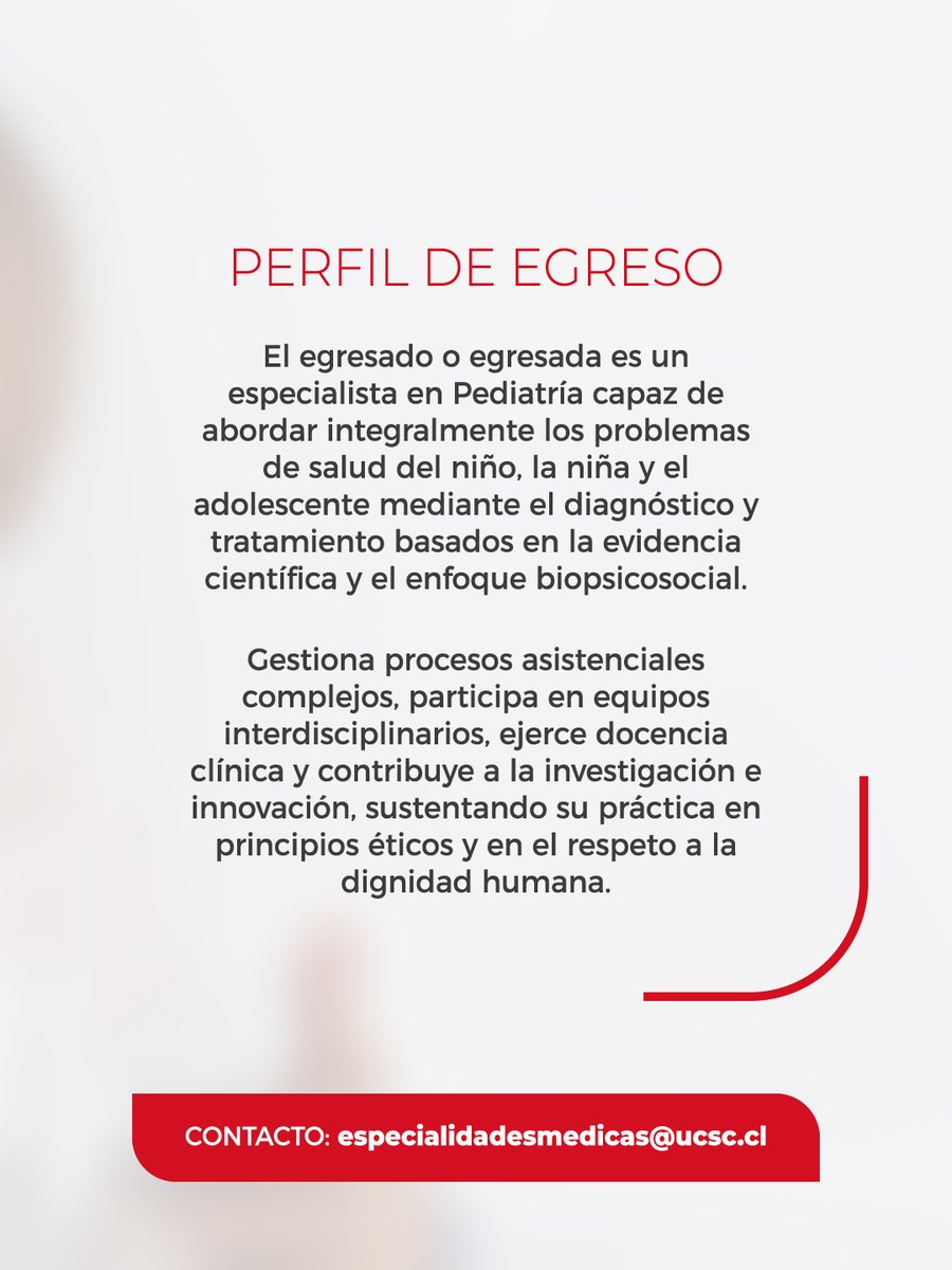 ¡Da el siguiente paso en tu carrera médica!

Postula a la Especialidad Médica en Pediatría UCSC y fórmate donde importa: salud infantil con impacto real.

👉🏼 Más información en pediatria.ucsc.cl  
📩 Consultas: especialidadesmedicas@ucsc.cl