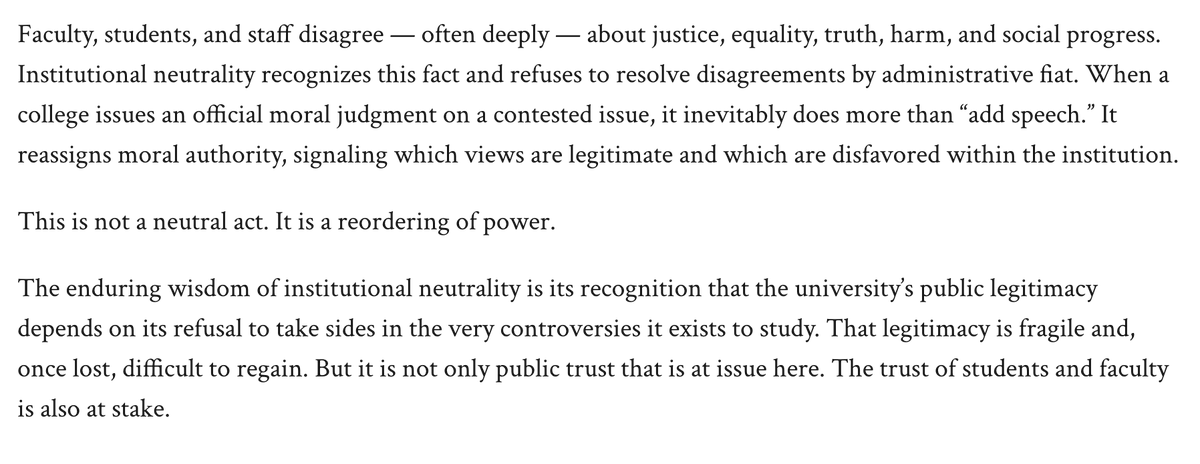 JonHaidt's tweet photo. Universities must regain public trust and hold fast to their unique mission, despite political pressures.

Here's a principled and beautiful defense of institutional neutrality for universities, from John Tomasi, the president of @HdxAcademy. 

https://t.co/ghGhgx0A5r https://t.co/jPfgwSOYRz