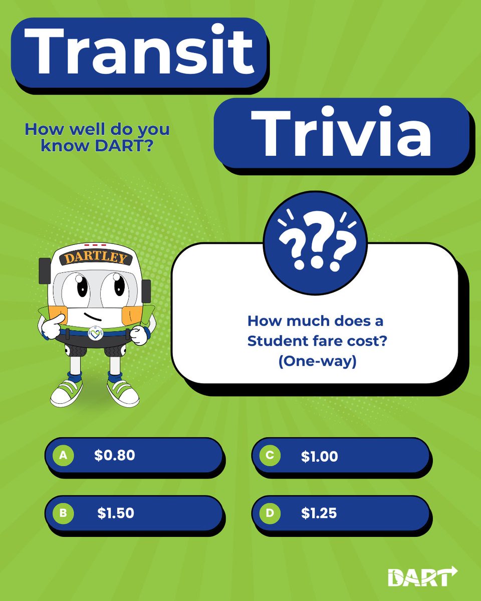 Trivia Time! How well do you know DART? Answer our questions and see if you’re a transit pro!

Visit:  dartfirststate.com/RiderInfo/Fare…